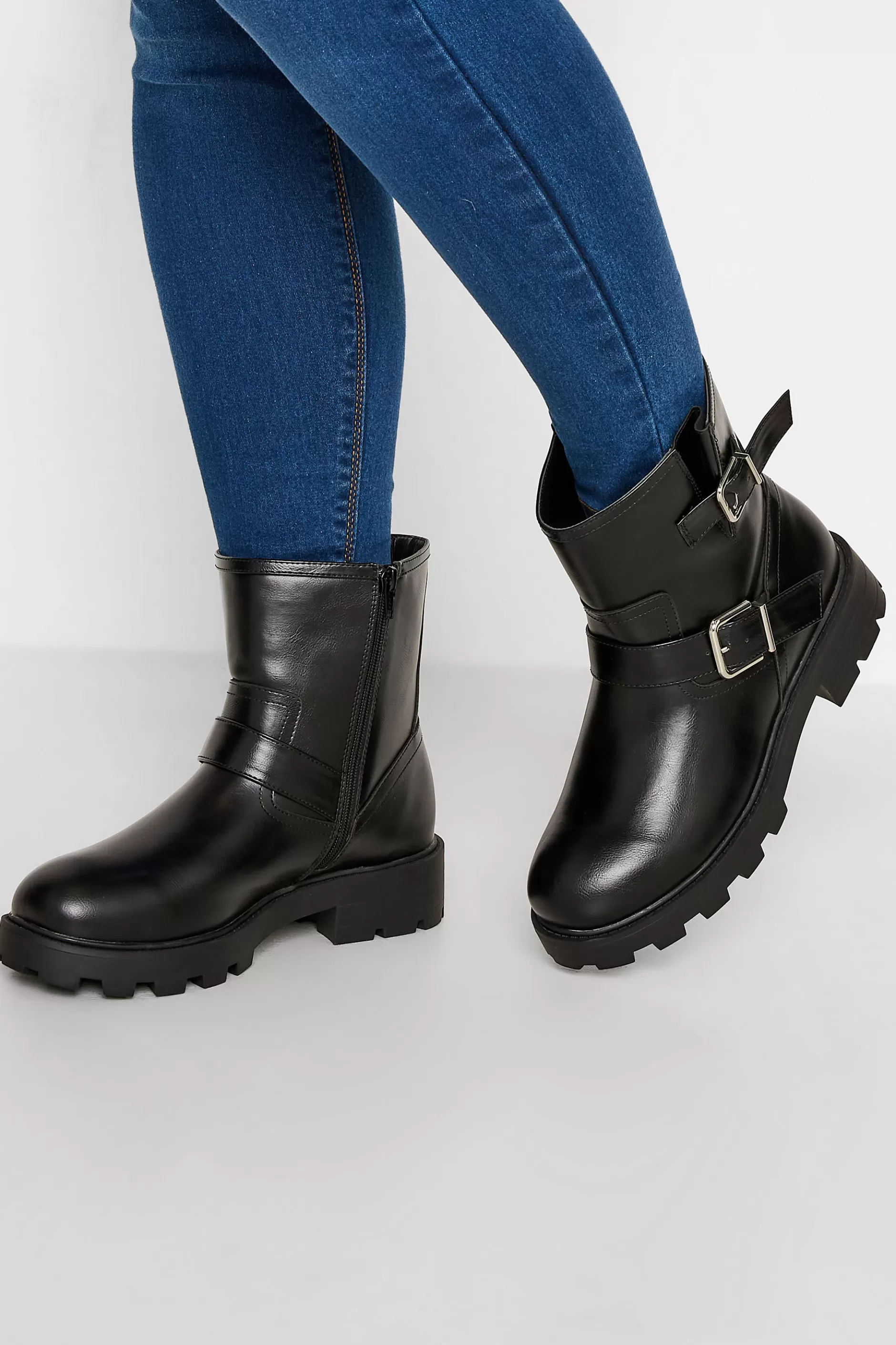 Women M&Co Boots>Yours Yours Black Buckle Biker Boot In Wide E Fit & Extra Wide Eee Fit