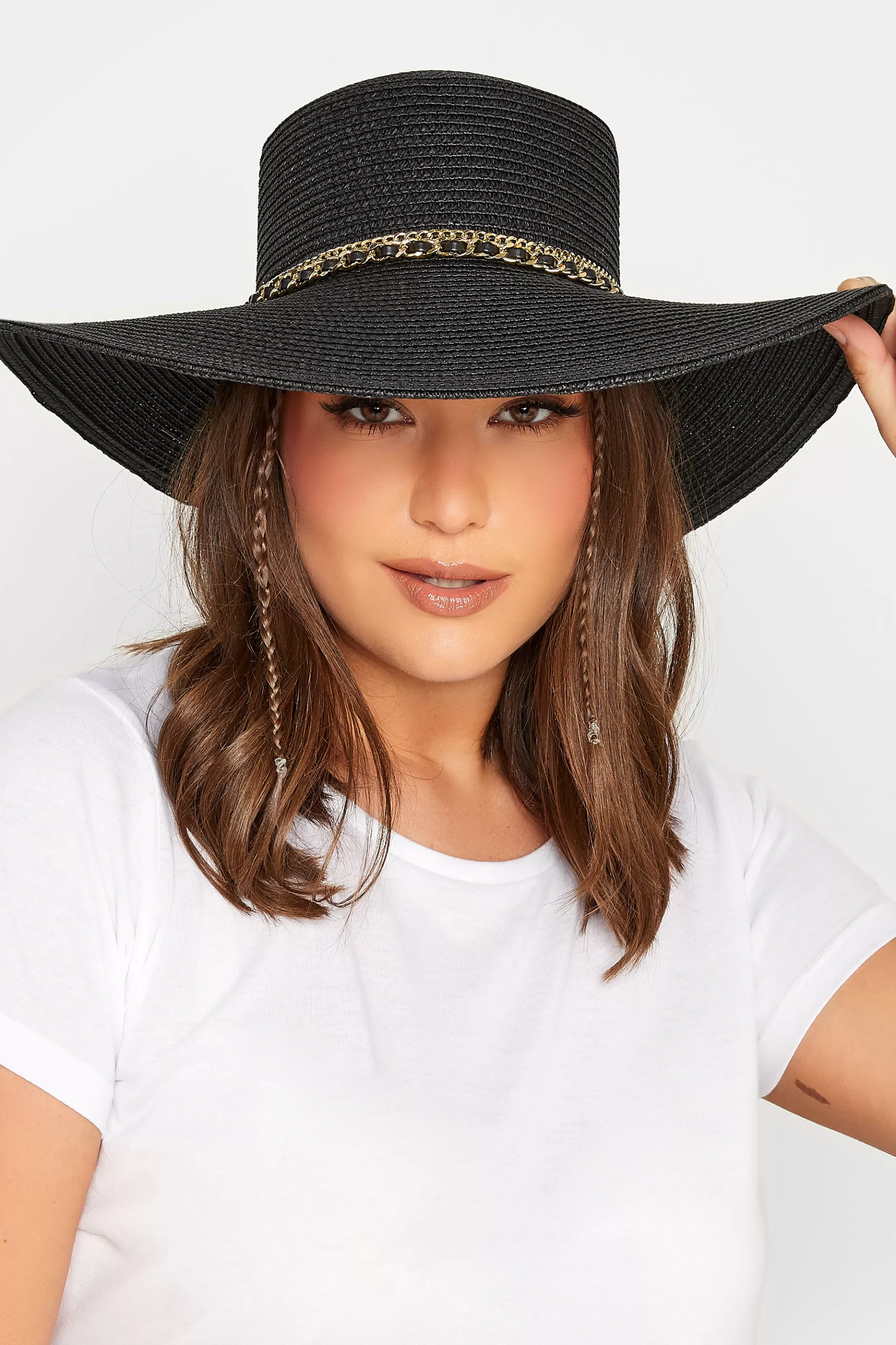 Women M&Co Hats>Yours Yours Black Chain Straw Wide Brim Boater Hat