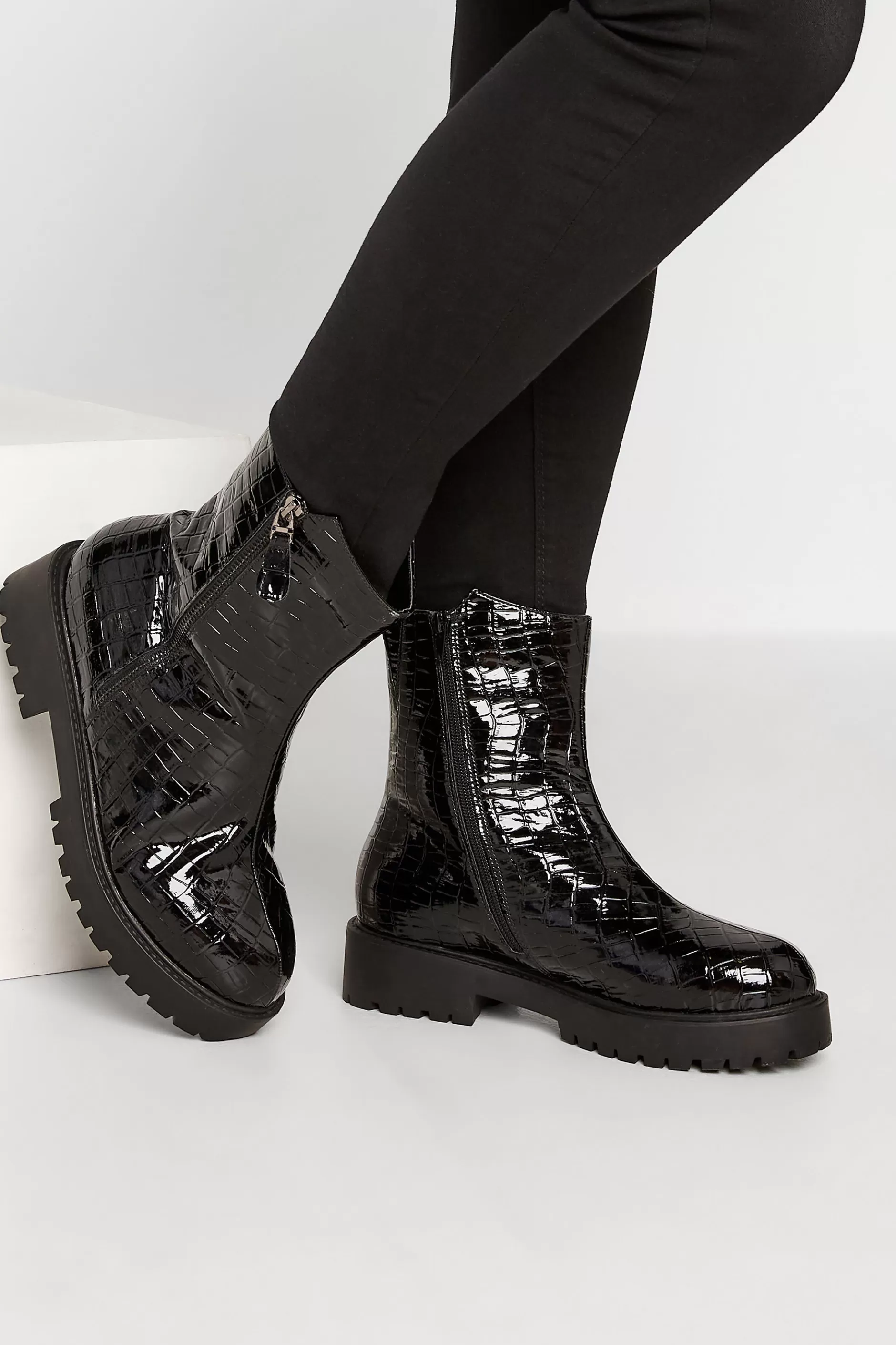 Women M&Co Boots>Yours Yours Black Croc Patent Side Zip Boots In Extra Wide Eee Fit