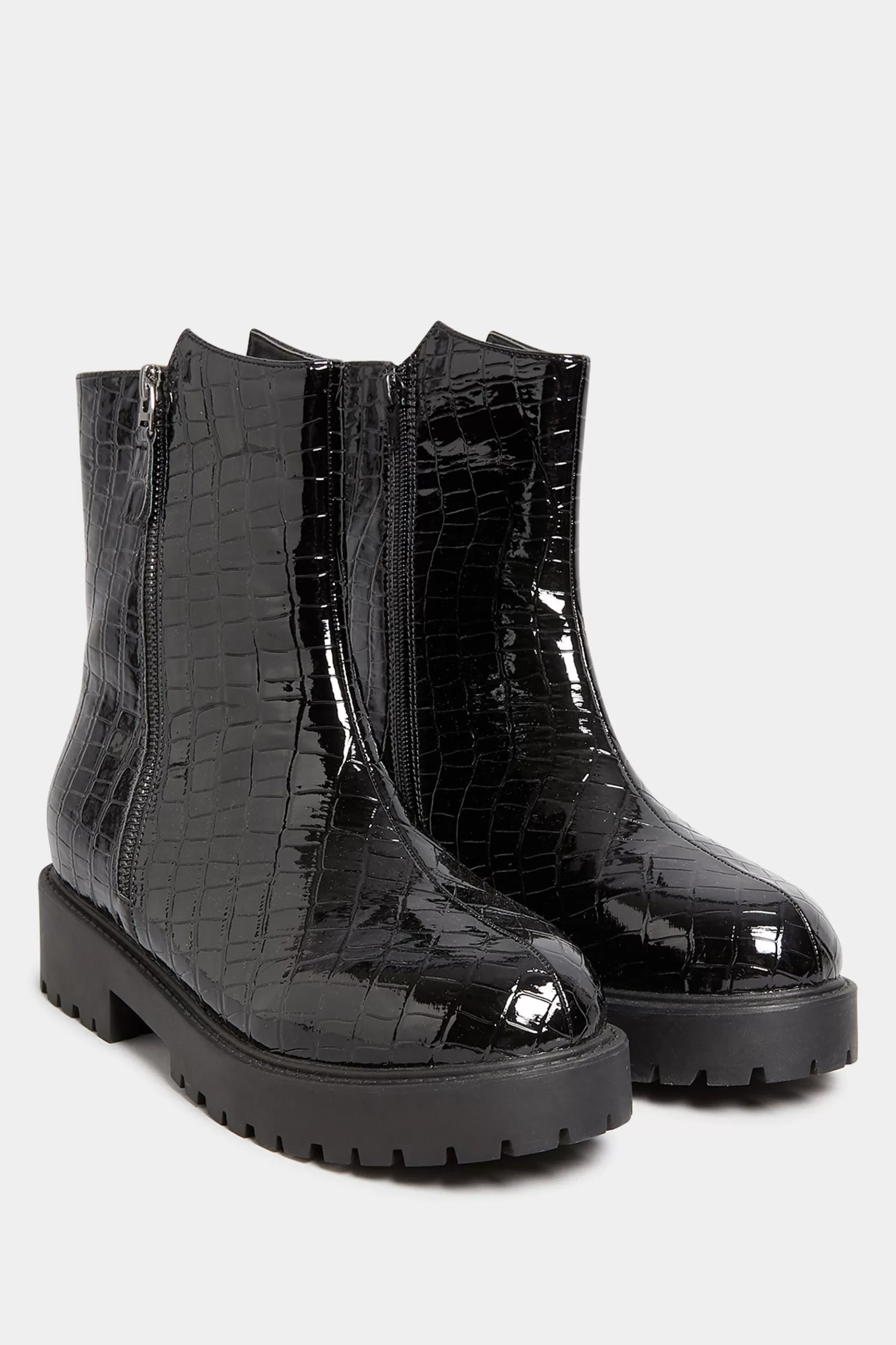 Women M&Co Boots>Yours Yours Black Croc Patent Side Zip Boots In Extra Wide Eee Fit
