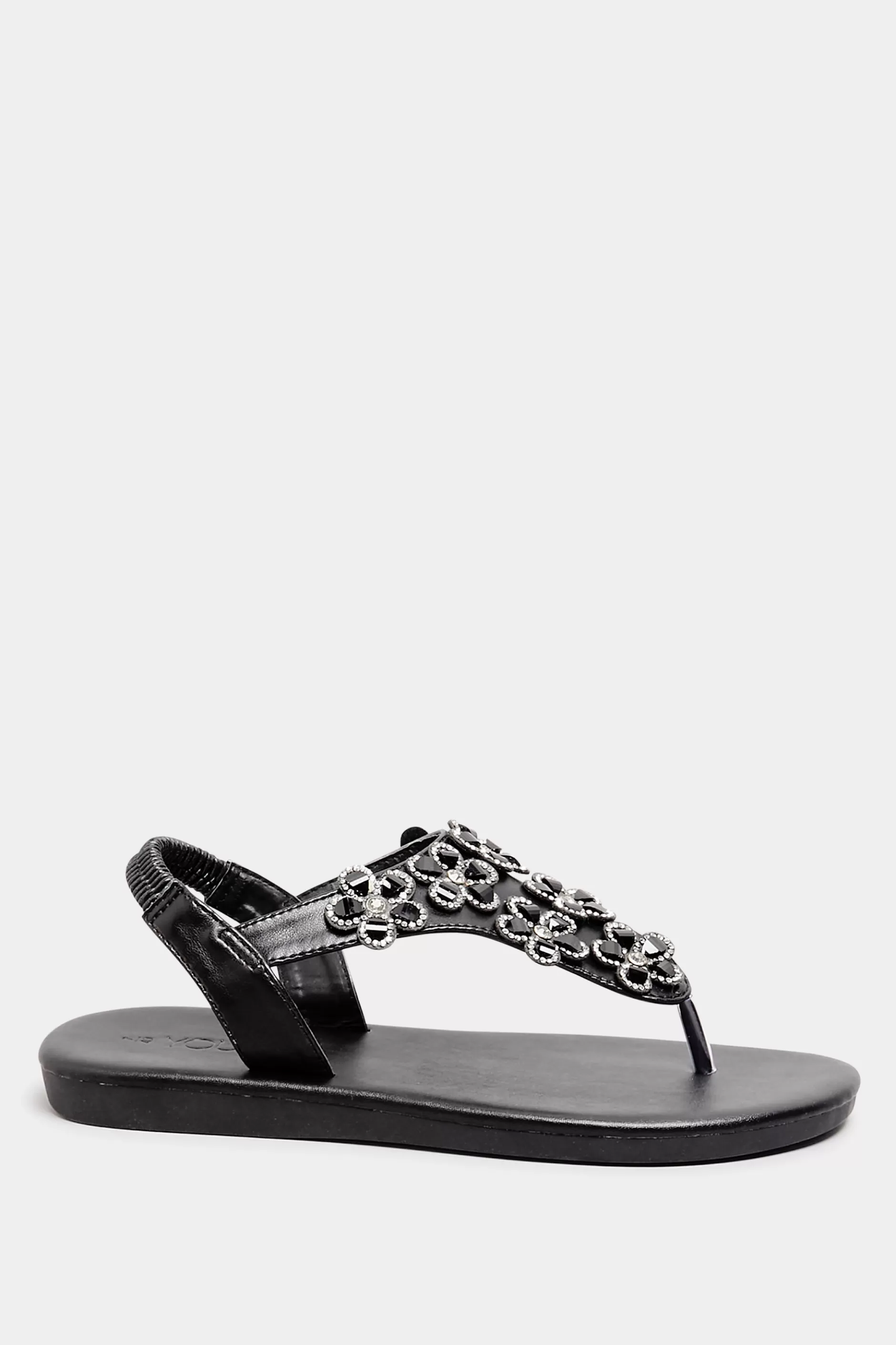 Women M&Co Flat Shoes>Yours Yours Black Diamante Flower Sandals In Wide E Fit & Extra Wide Eee Fit