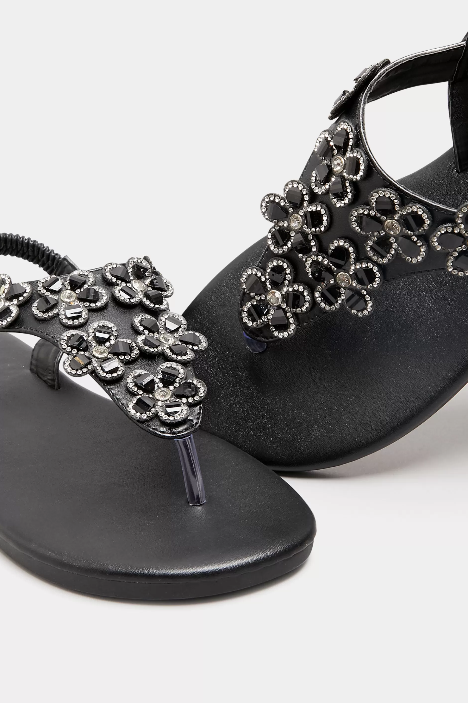 Women M&Co Flat Shoes>Yours Yours Black Diamante Flower Sandals In Wide E Fit & Extra Wide Eee Fit