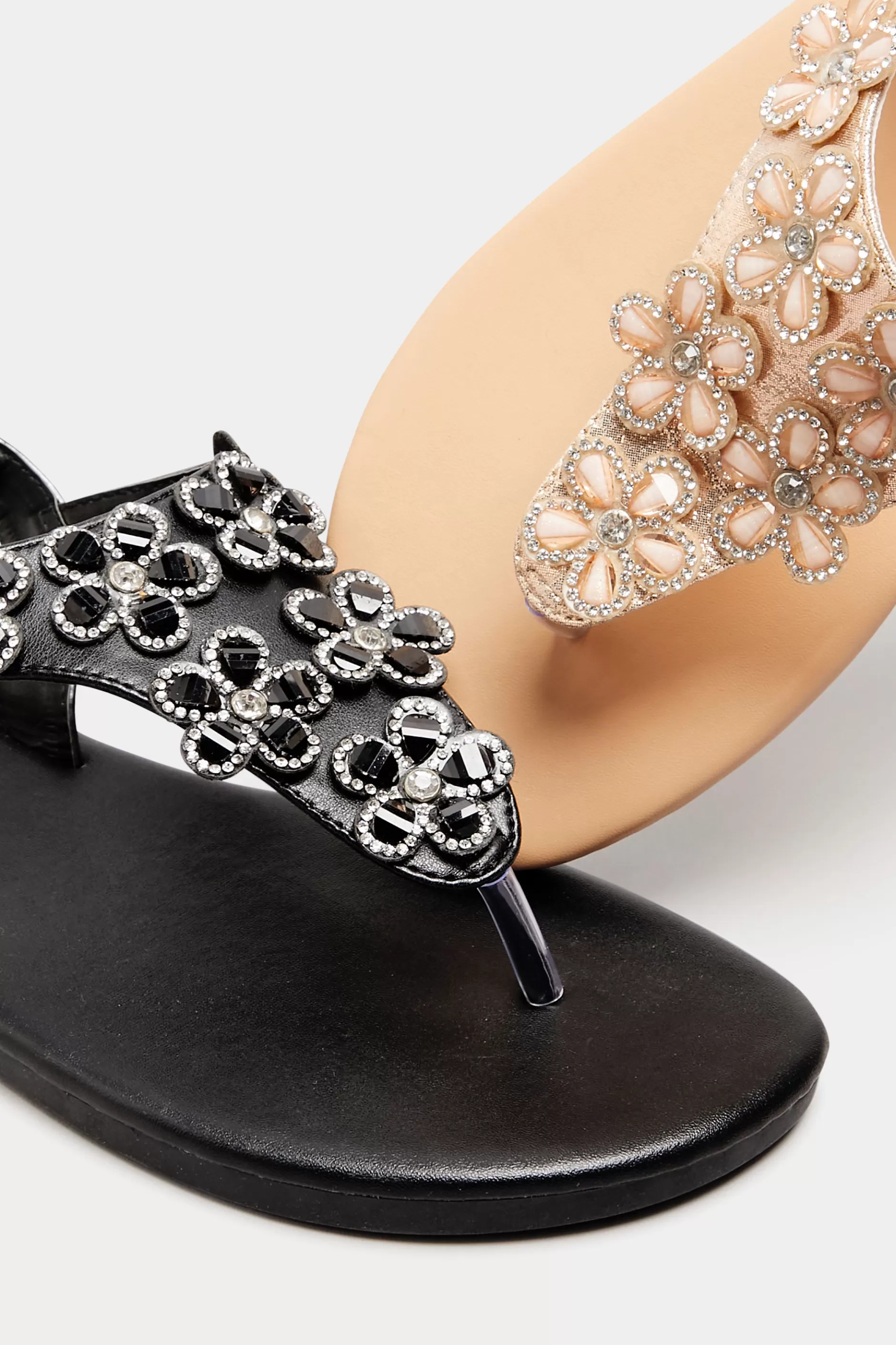 Women M&Co Flat Shoes>Yours Yours Black Diamante Flower Sandals In Wide E Fit & Extra Wide Eee Fit