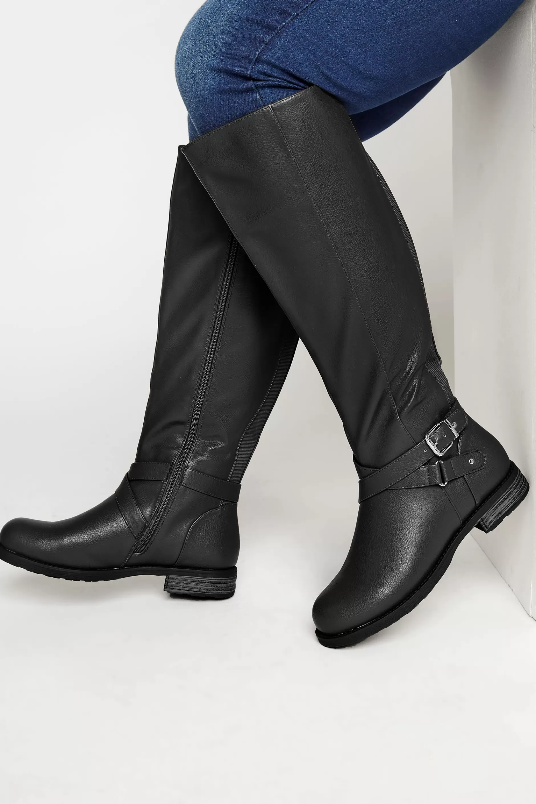 Women M&Co Boots>Yours Yours Black Faux Leather Knee High Boots In Wide E Fit & Extra Wide Ee Fit