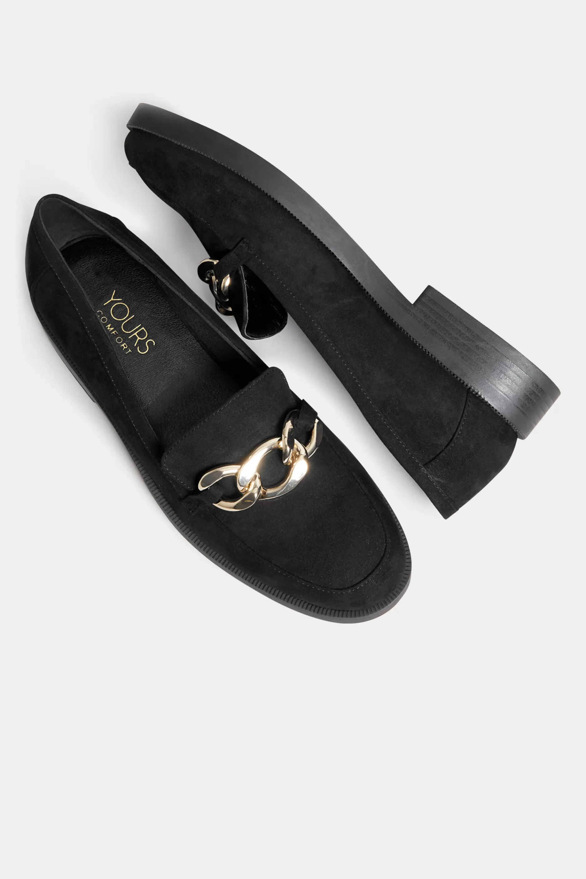 Women M&Co Flat Shoes>Yours Yours Black Faux Suede Chain Detail Loafers In Wide E Fit & Extra Wide Eee Fit