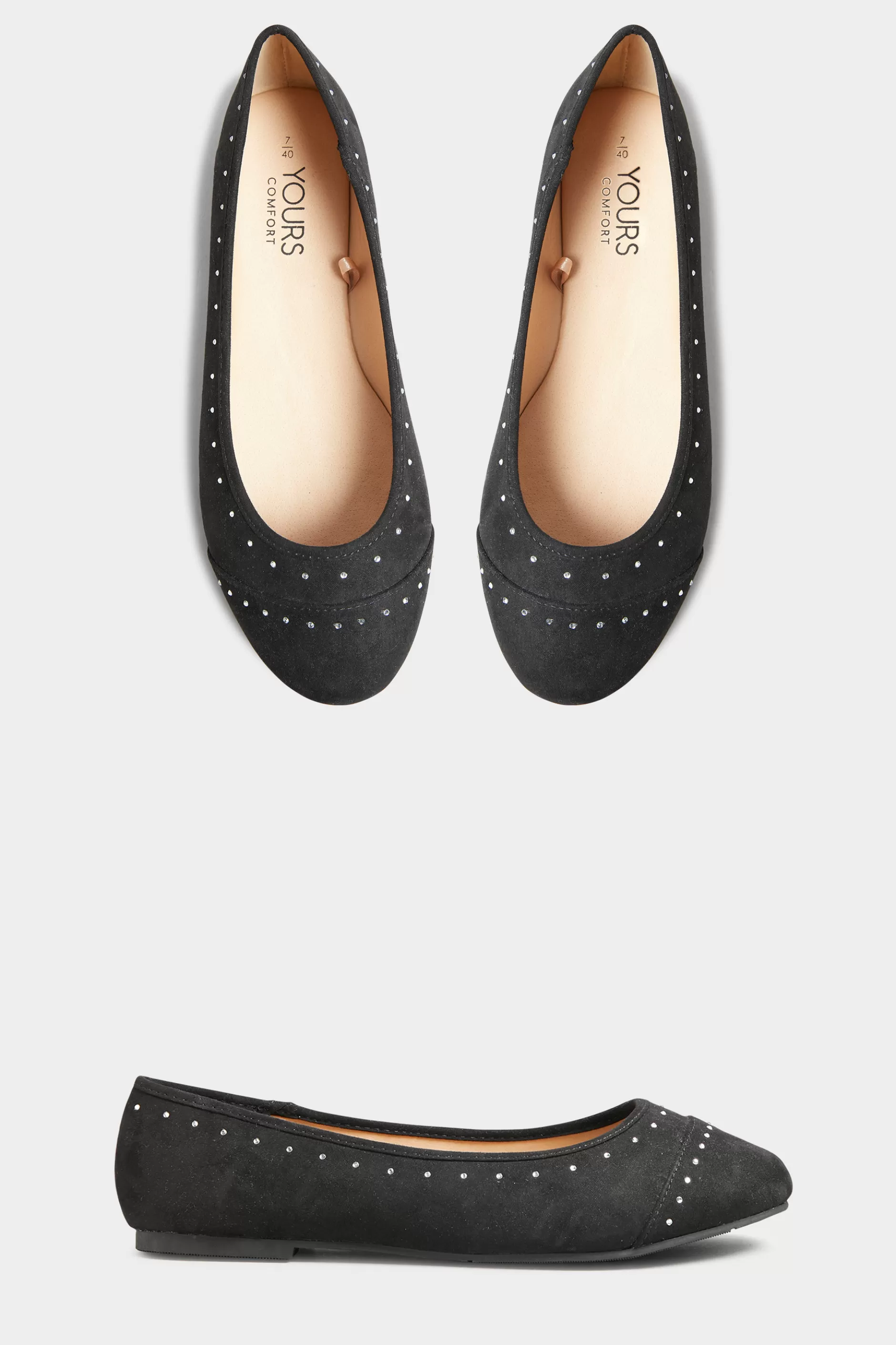 Women M&Co Flat Shoes>Yours Yours Black Faux Suede Diamante Ballerina Pumps In Wide E Fit & Extra Wide Eee Fit
