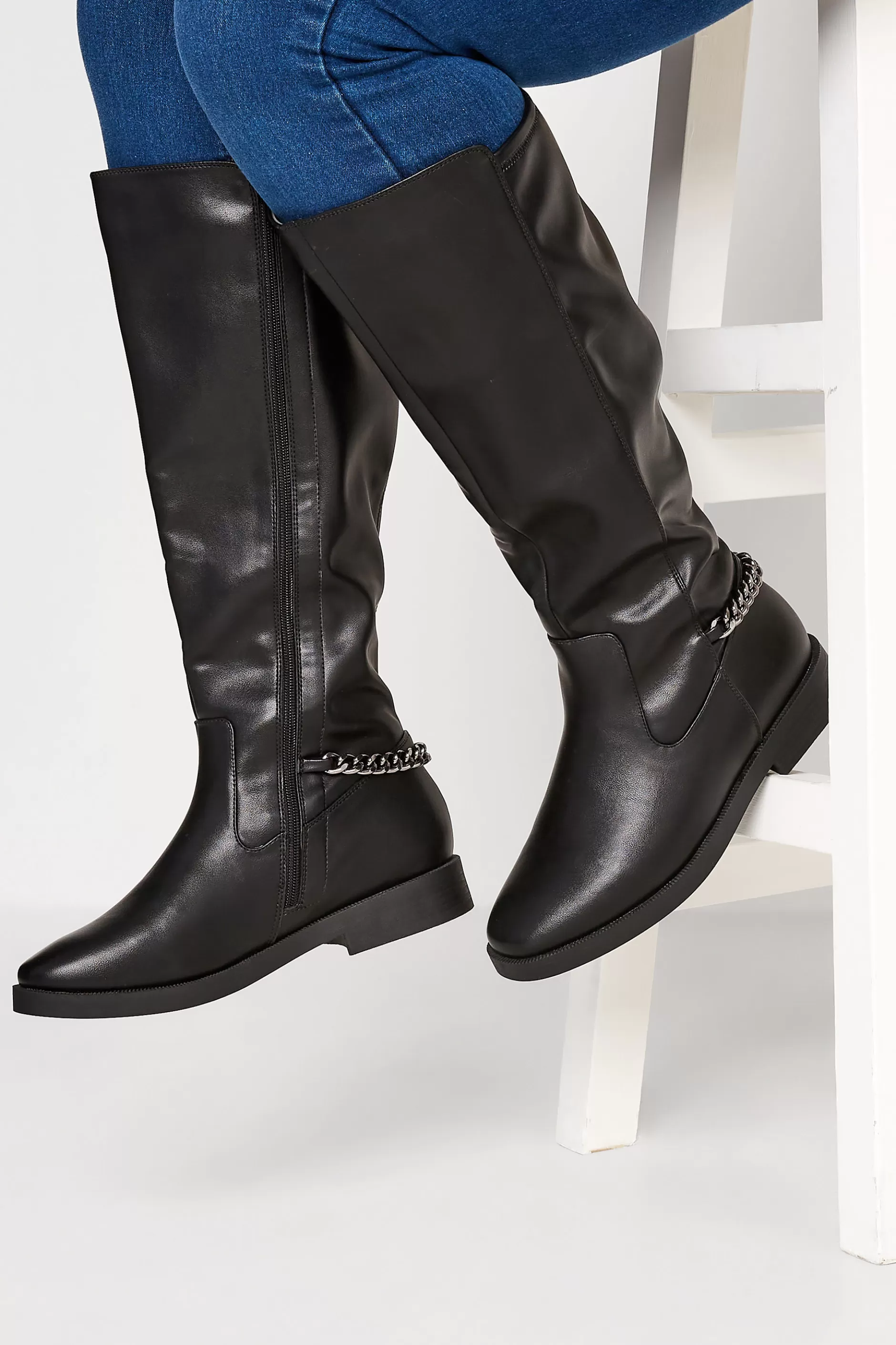 Women M&Co Boots>Yours Yours Black Knee High Chain Detail Boots In Wide E Fit & Extra Wide Eee Fit