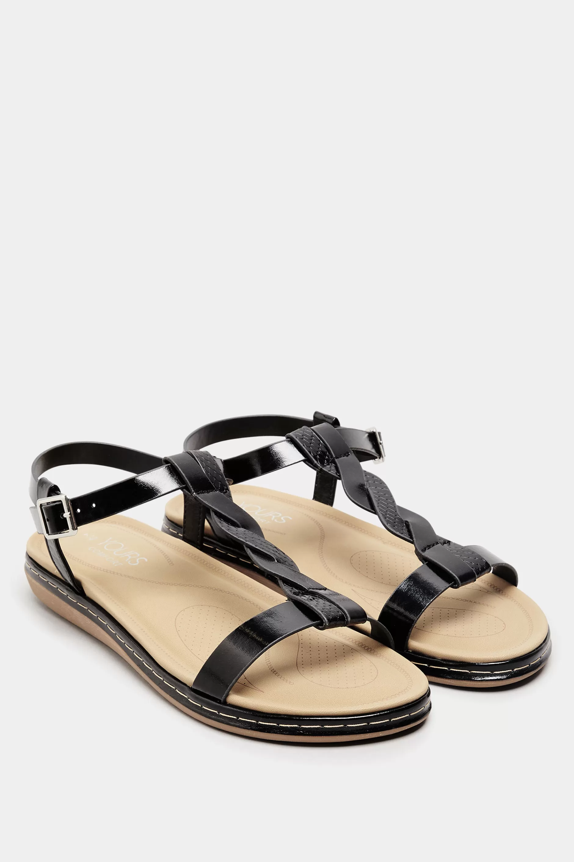 Women M&Co Flat Shoes>Yours Yours Black Patent Plaited Strap Sandals In Wide E Fit & Extra Wide Eee Fit