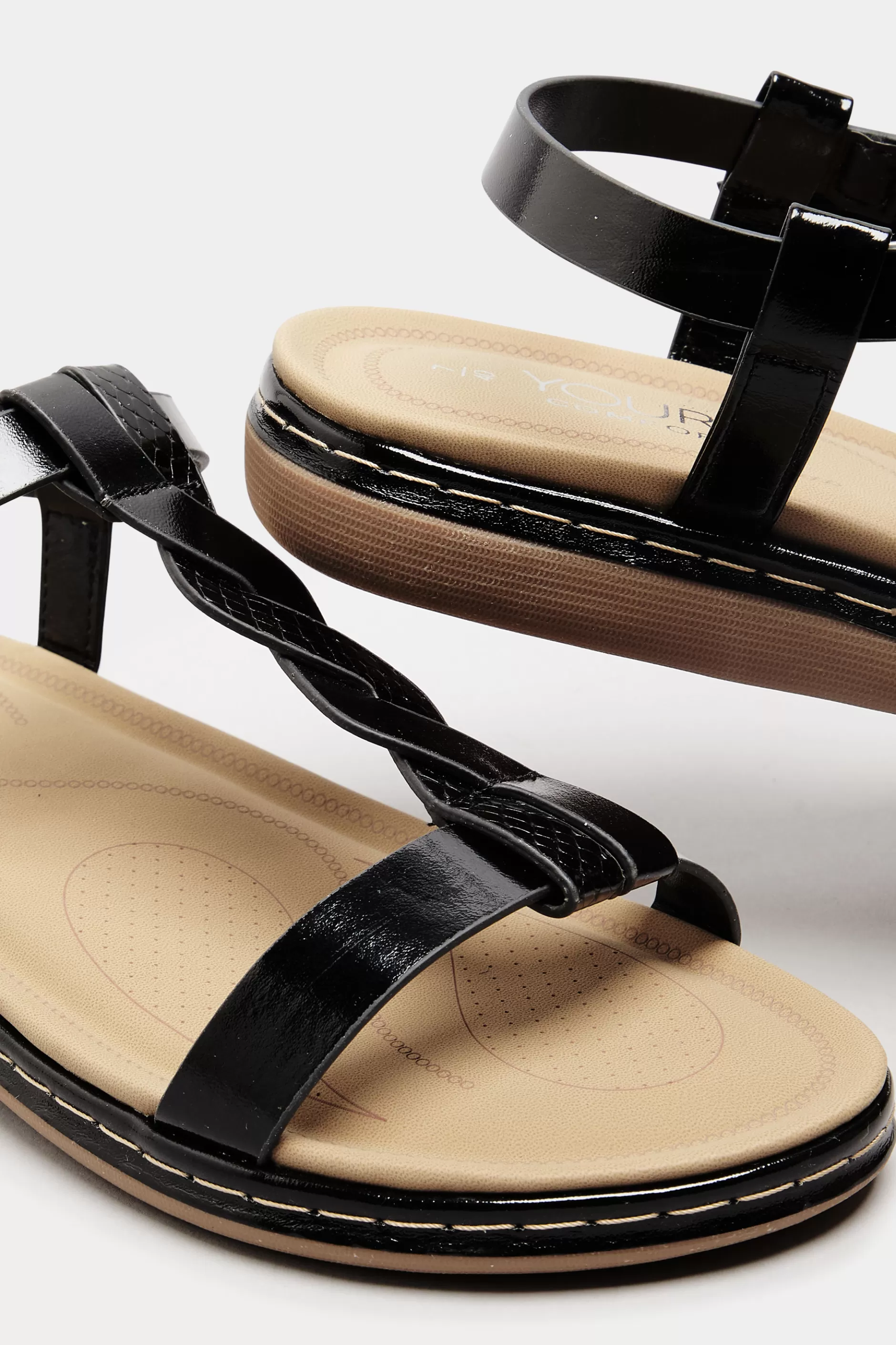 Women M&Co Flat Shoes>Yours Yours Black Patent Plaited Strap Sandals In Wide E Fit & Extra Wide Eee Fit