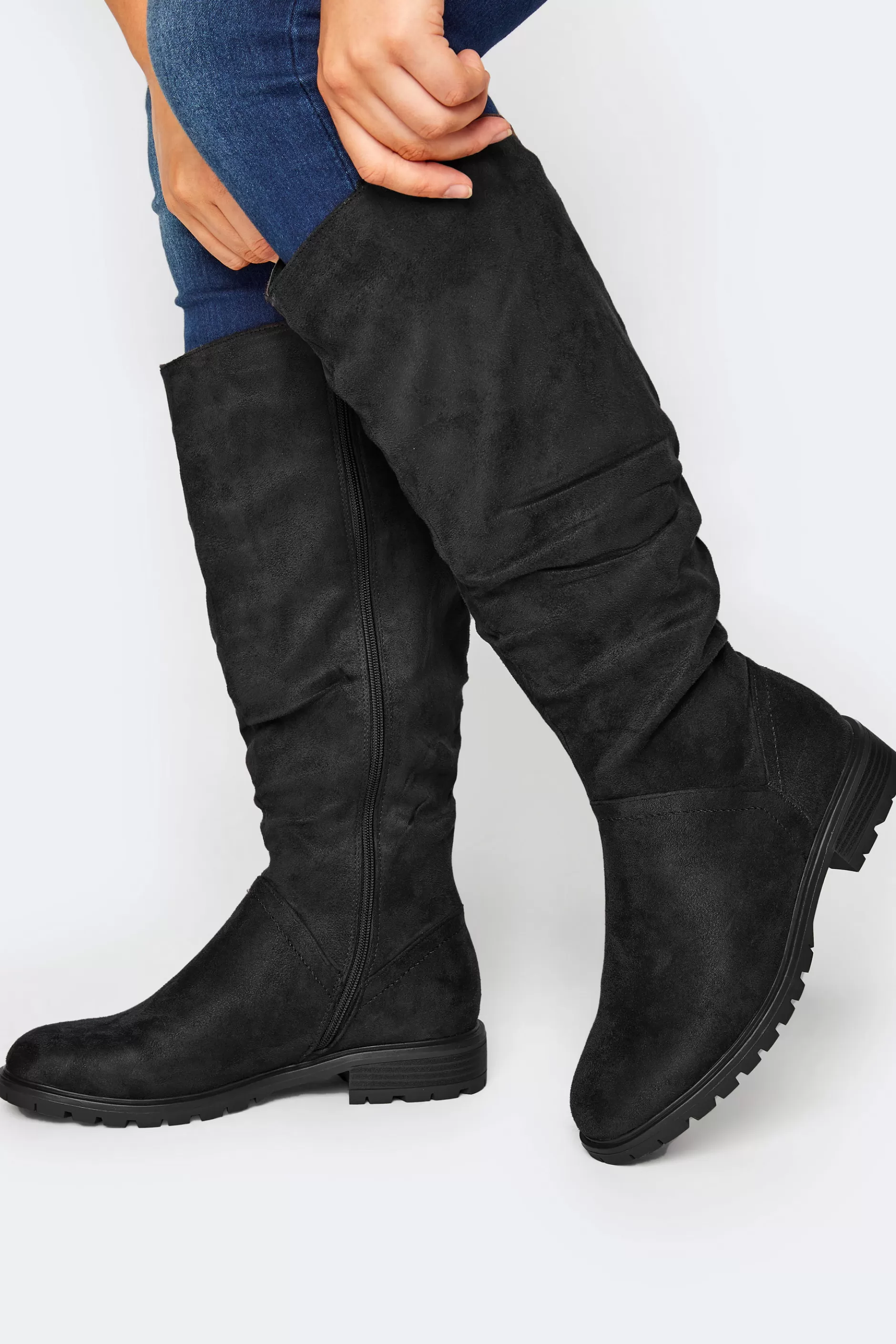 Women M&Co Boots>Yours Yours Black Ruched Cleated Boots In Wide E Fit & Extra Wide Eee Fit