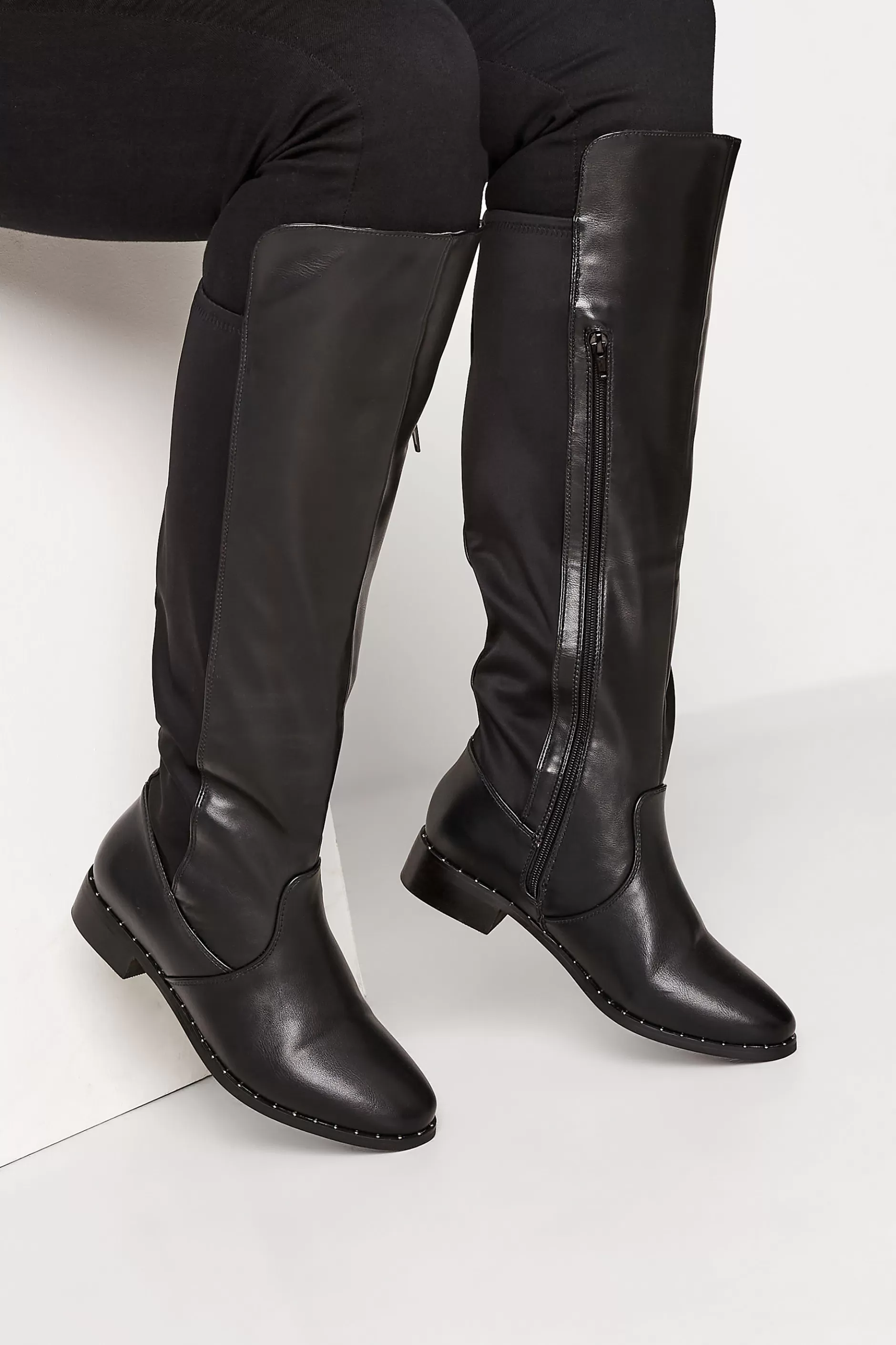 Women M&Co Boots>Yours Yours Black Studded Knee High Boots In Wide E Fit & Extra Wide Eee Fit