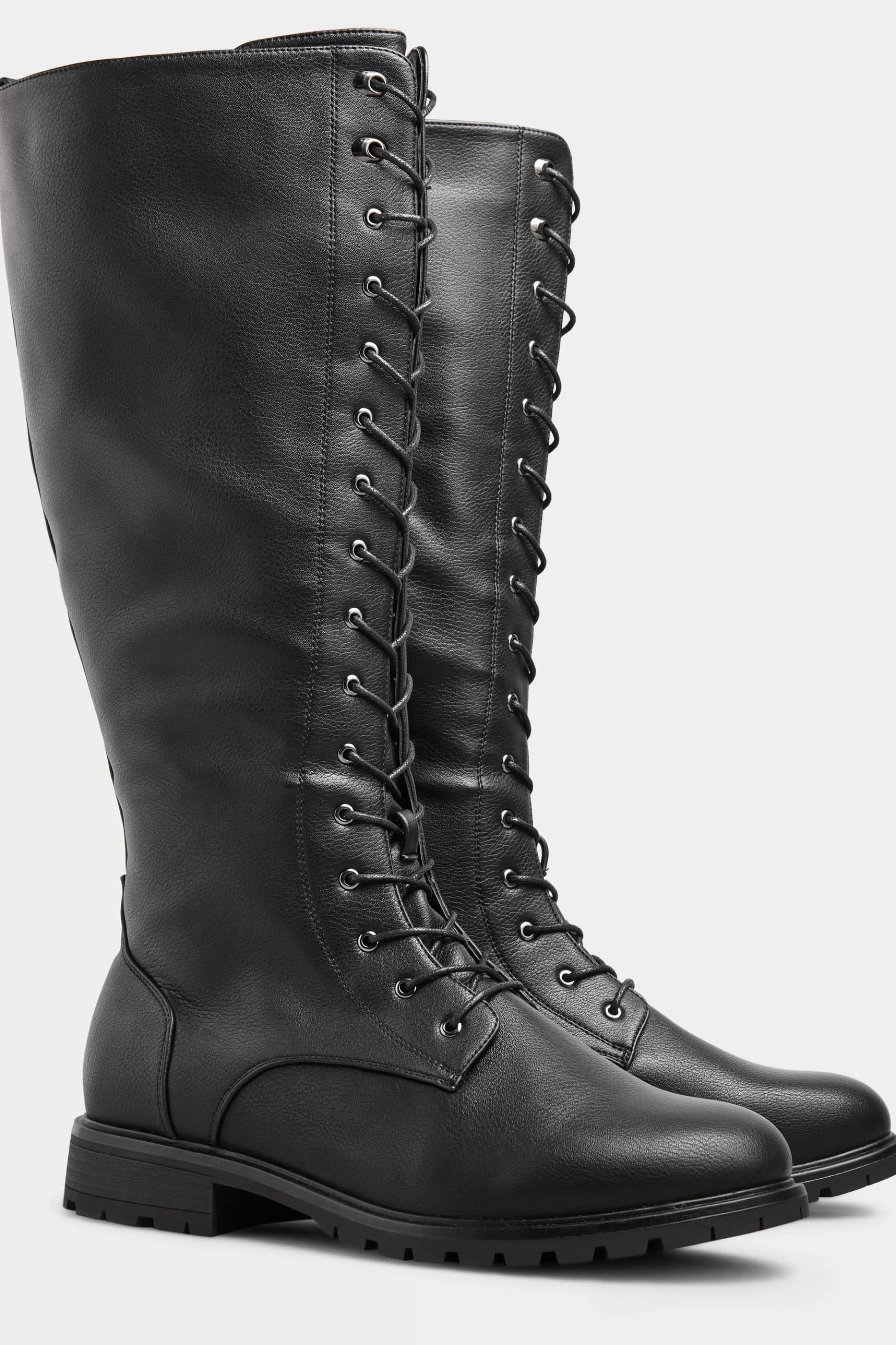 Women M&Co Flat Shoes>Yours Yours Black Vegan Faux Leather Lace Up Knee High Boots In Wide E Fit & Extra Wide Eee Fit