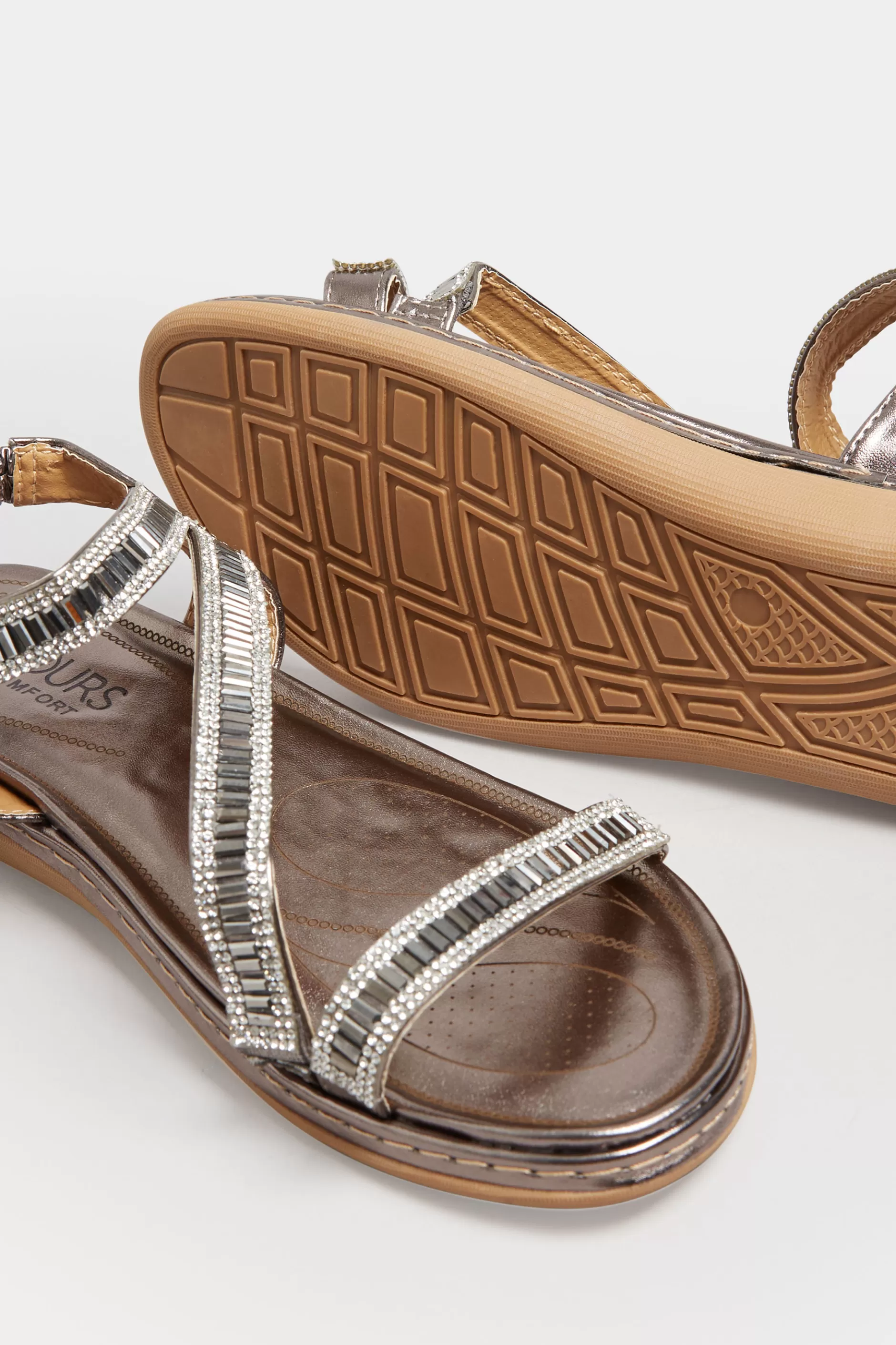 Women M&Co Flat Shoes>Yours Yours Brown & Silver Sequin Strappy Sandals In Wide E Fit & Extra Wide Eee Fit