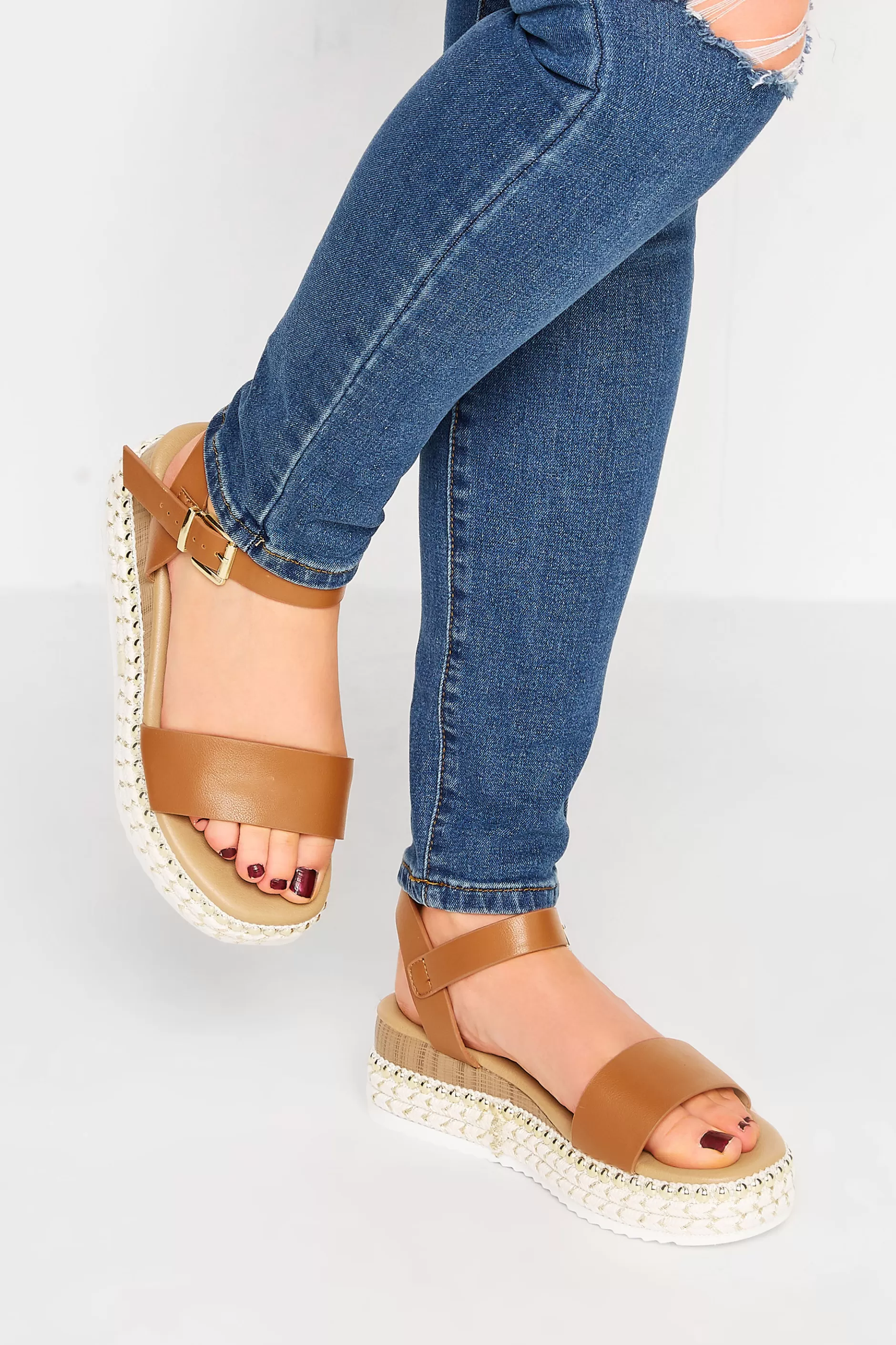 Women M&Co Sandals>Yours Yours Brown Buckle Platform Espadrille Wedge Heels In Extra Wide Eee Fit