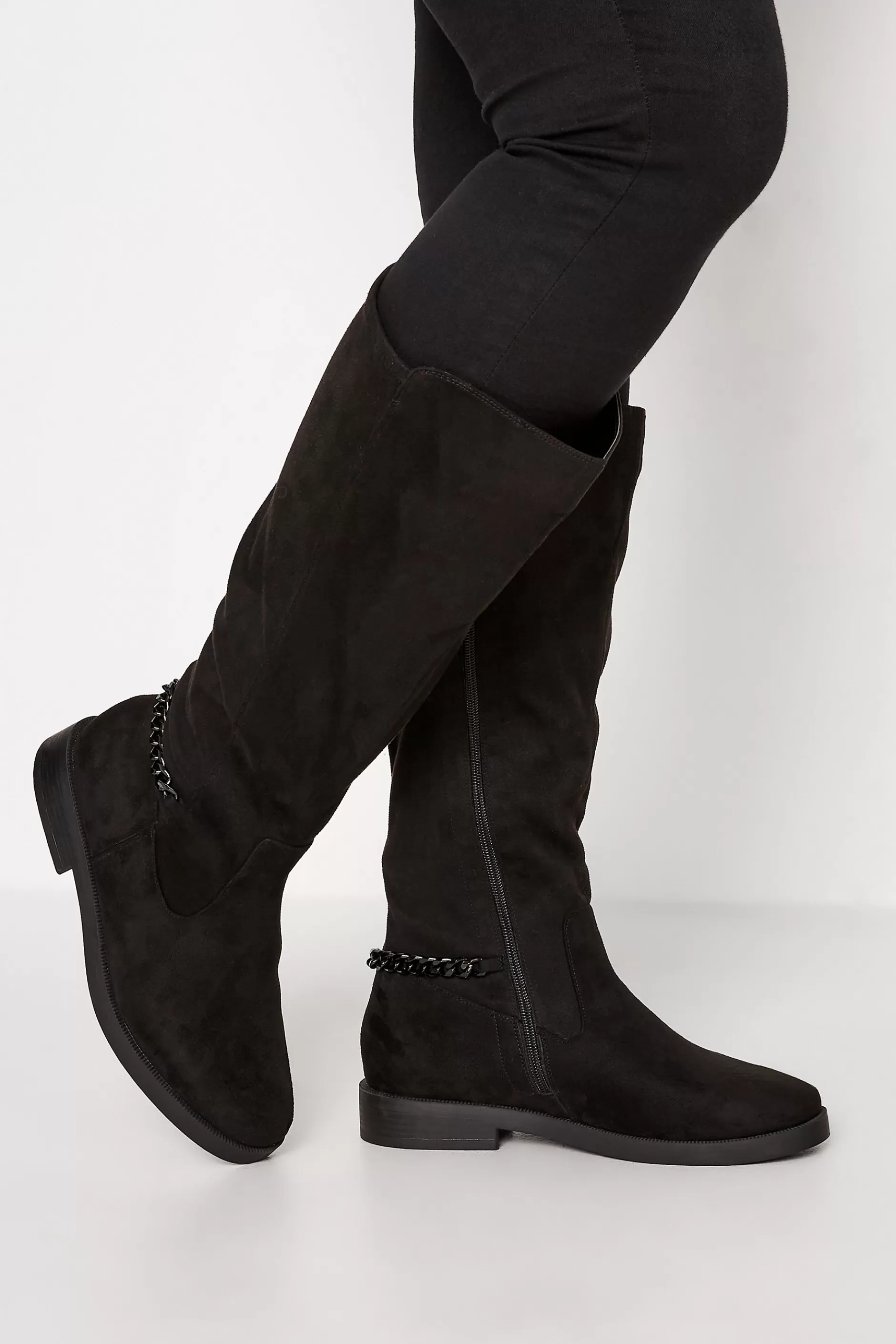 Women M&Co Boots>Yours Yours Curve Black Suede Knee High Chain Detail Boots In Wide E Fit & Extra Wide Eee Fit