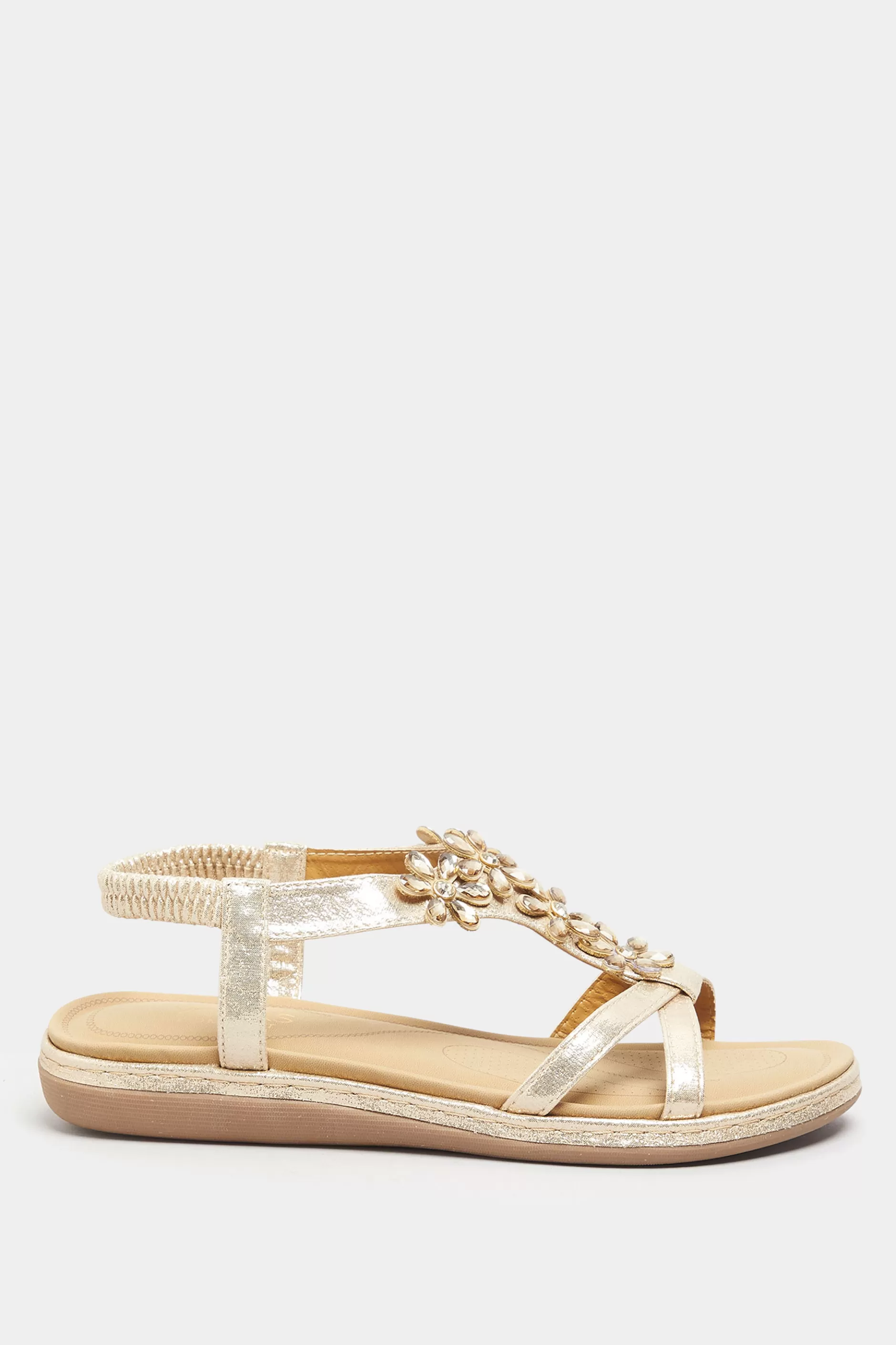 Women M&Co Flat Shoes>Yours Yours Gold Glitter Floral Diamante Studded Sandals In Wide E Fit & Extra Wide Eee Fit