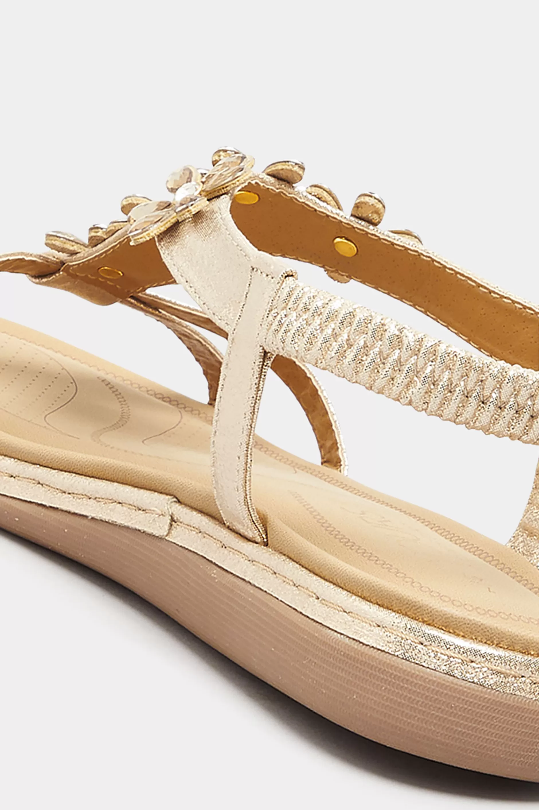 Women M&Co Flat Shoes>Yours Yours Gold Glitter Floral Diamante Studded Sandals In Wide E Fit & Extra Wide Eee Fit