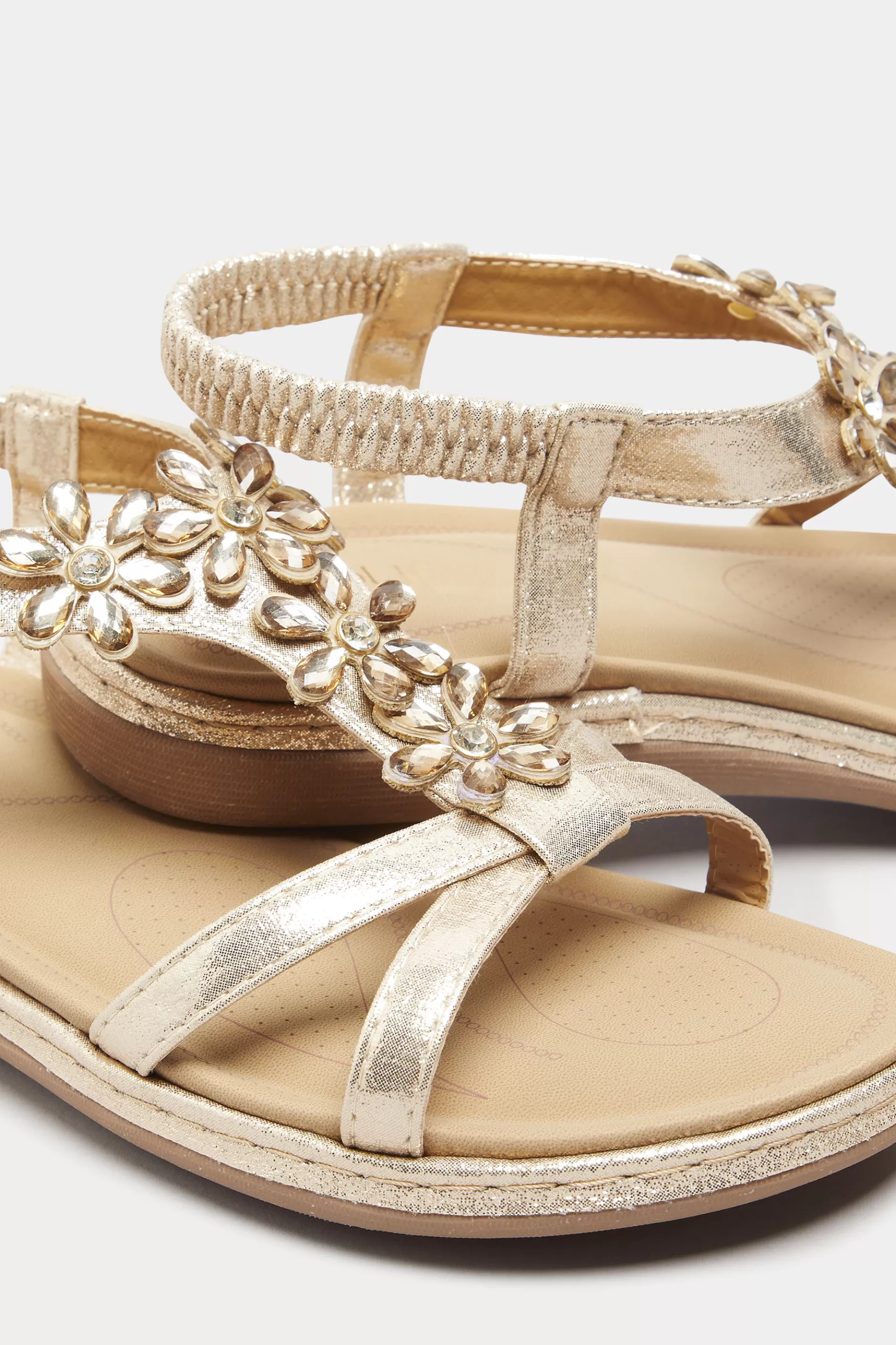 Women M&Co Flat Shoes>Yours Yours Gold Glitter Floral Diamante Studded Sandals In Wide E Fit & Extra Wide Eee Fit