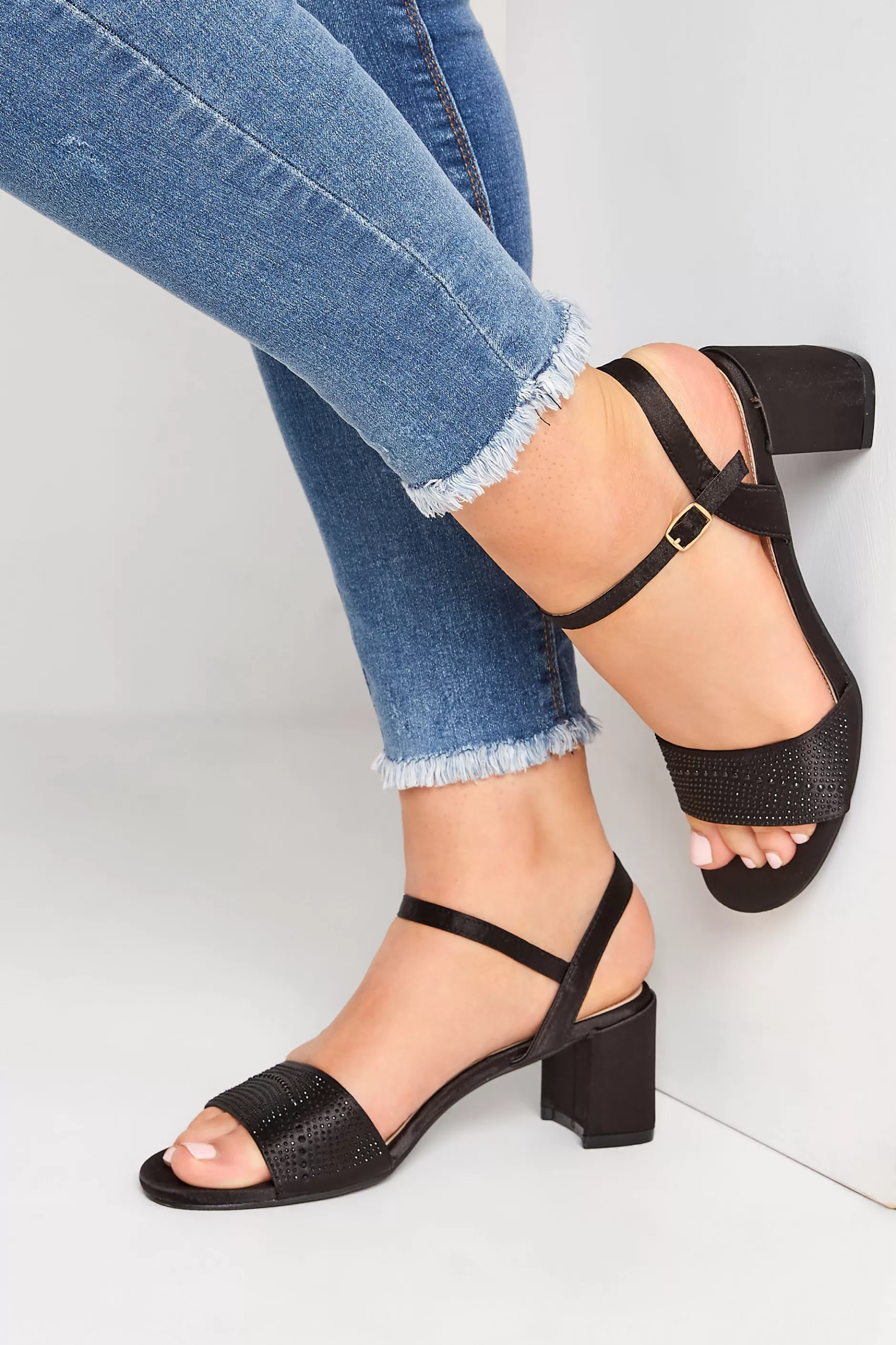 Women M&Co Heels>Yours Yours Limited Collection Black Satin Embellished Block Heel Sandals In Wide E Fit