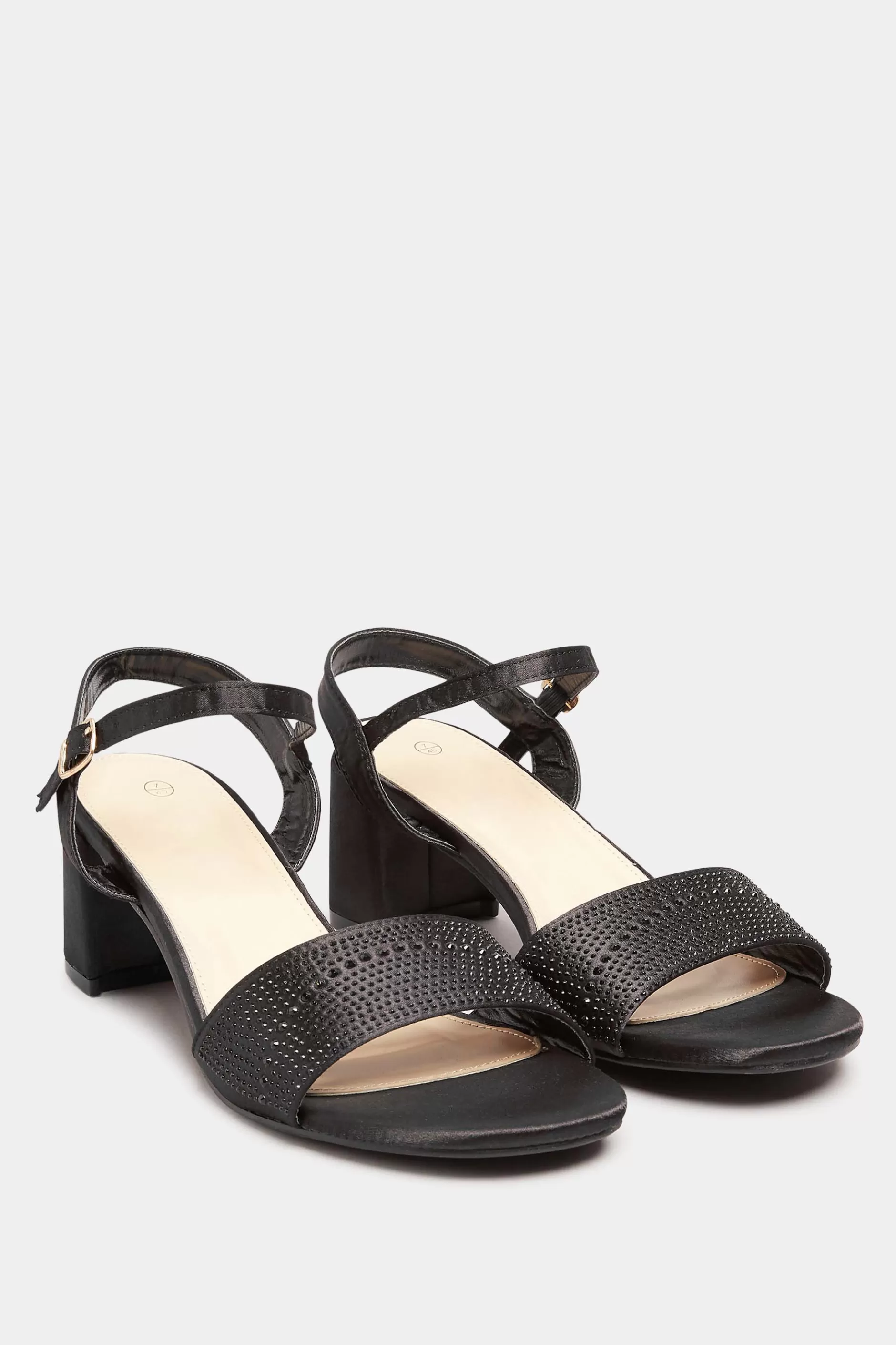 Women M&Co Heels>Yours Yours Limited Collection Black Satin Embellished Block Heel Sandals In Wide E Fit