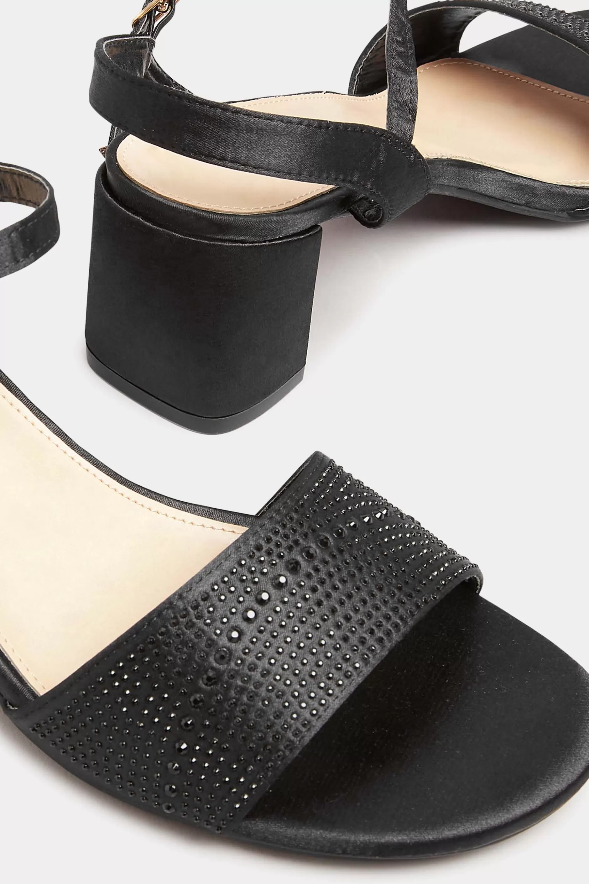 Women M&Co Heels>Yours Yours Limited Collection Black Satin Embellished Block Heel Sandals In Wide E Fit
