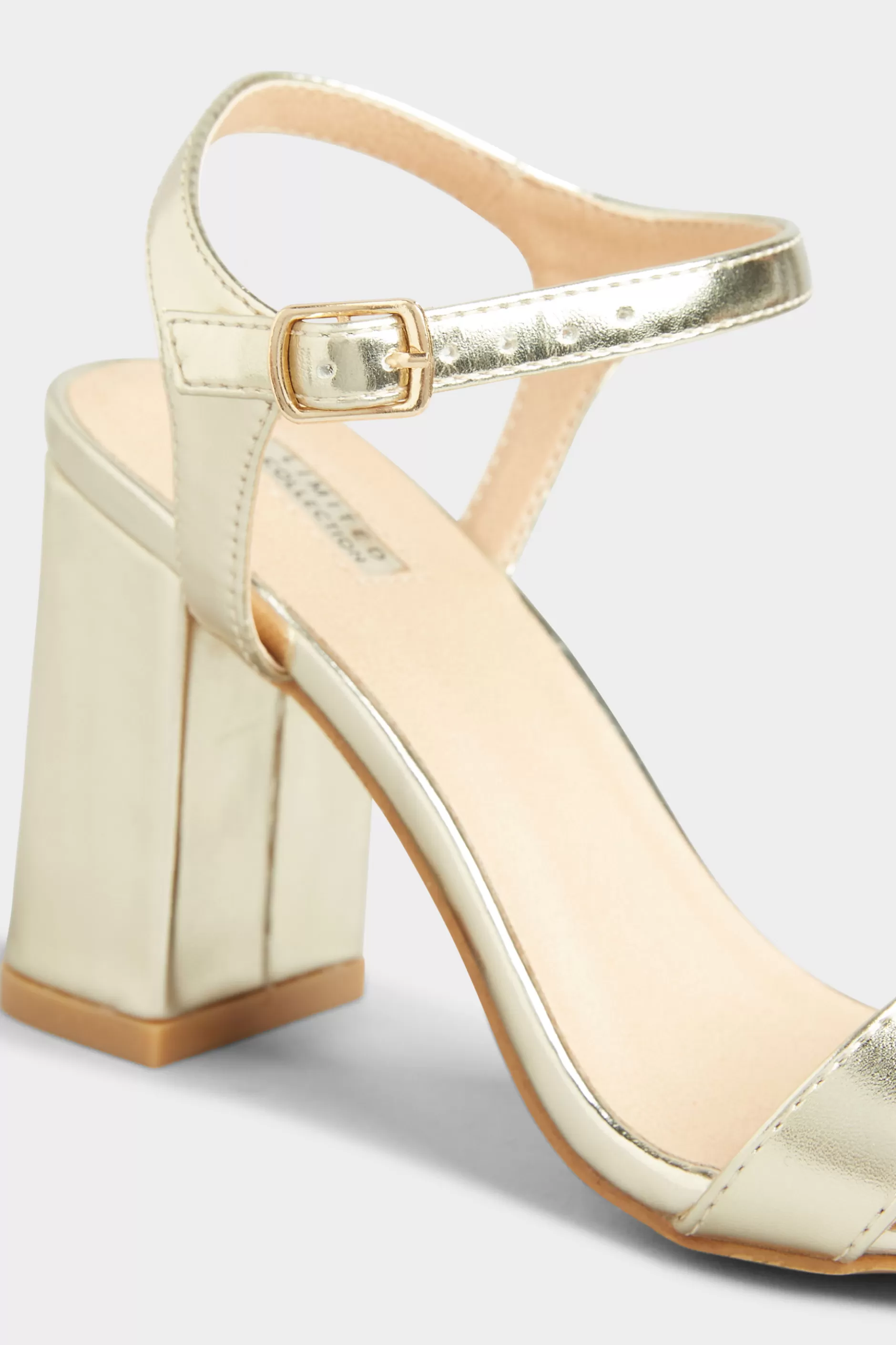 Women M&Co Heels>Yours Yours Limited Collection Gold Block Heeled Sandal In Wide E Fit & Extra Wide Eee Fit