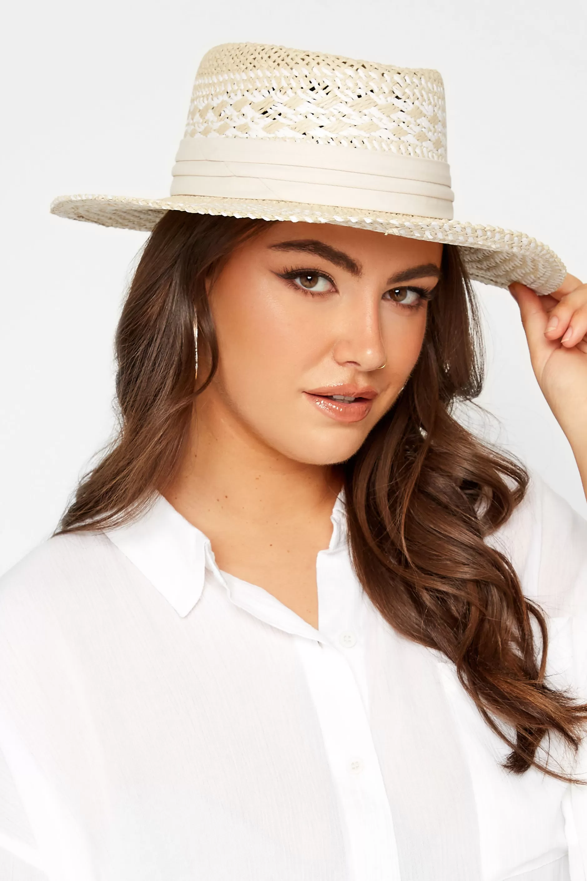 Women M&Co Hats>Yours Yours Natural Brown & White Contrast Straw Boater Hat