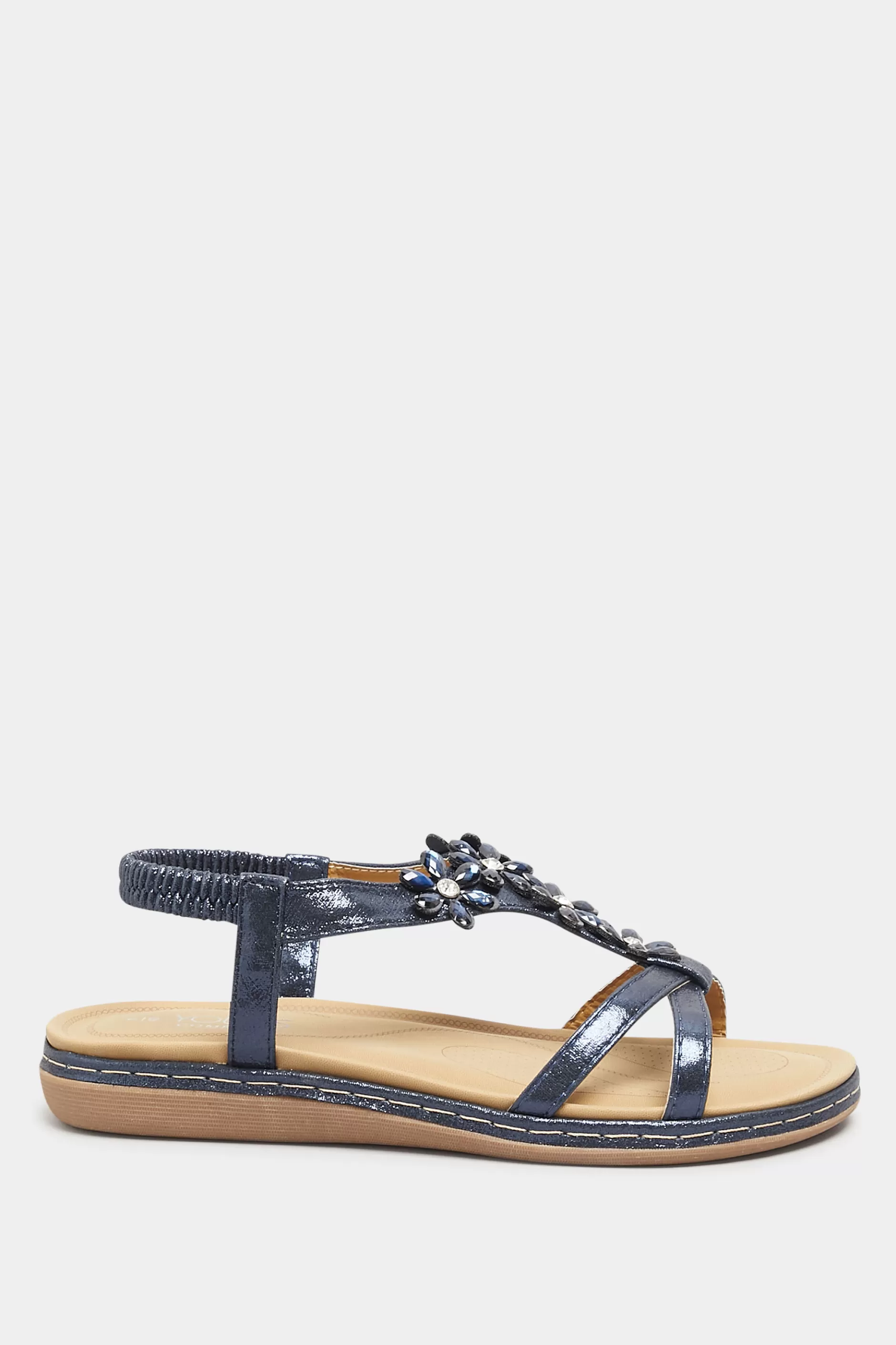 Women M&Co Flat Shoes>Yours Yours Navy Blue Glitter Floral Diamante Studded Sandals In Wide E Fit & Extra Wide Eee Fit