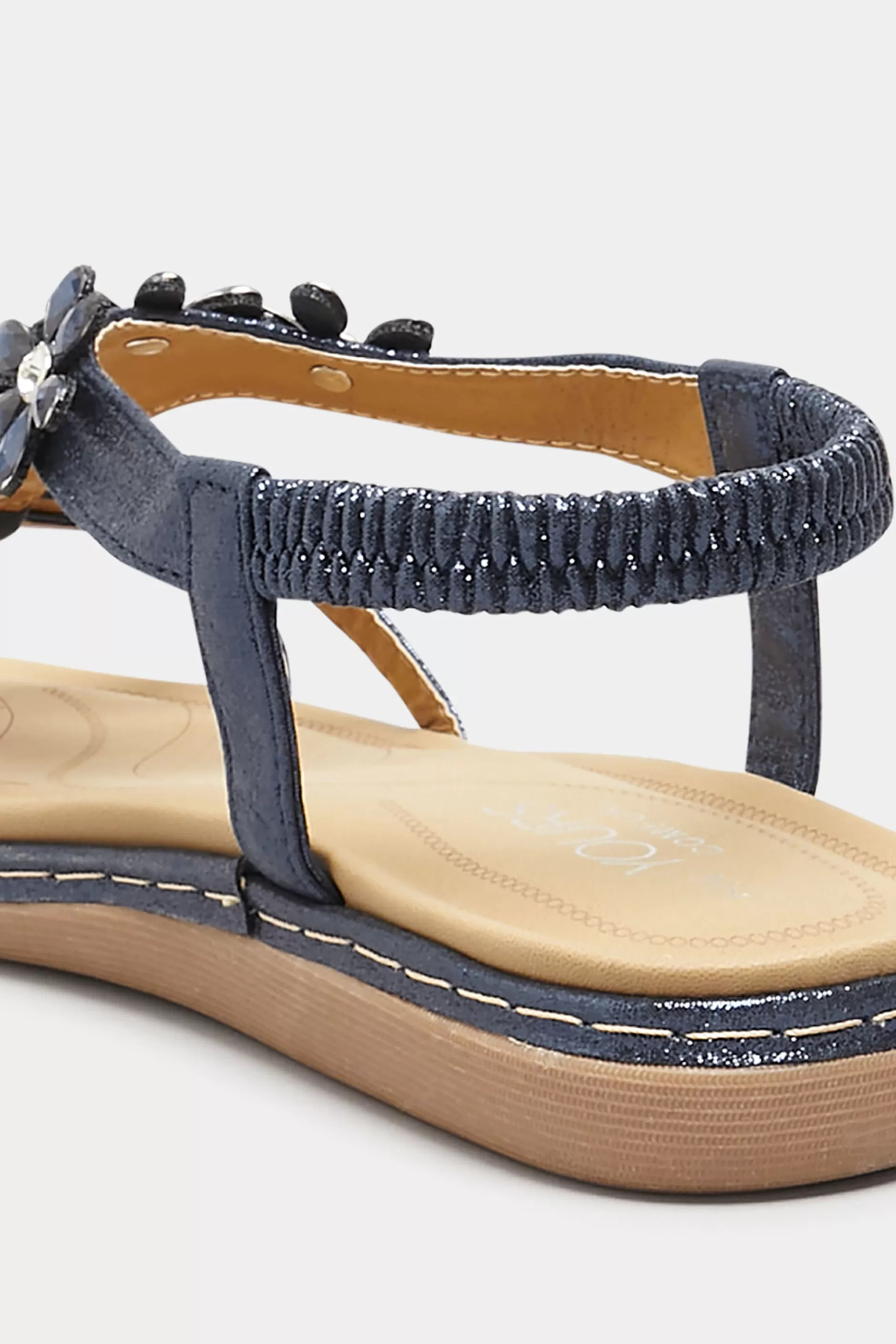 Women M&Co Flat Shoes>Yours Yours Navy Blue Glitter Floral Diamante Studded Sandals In Wide E Fit & Extra Wide Eee Fit