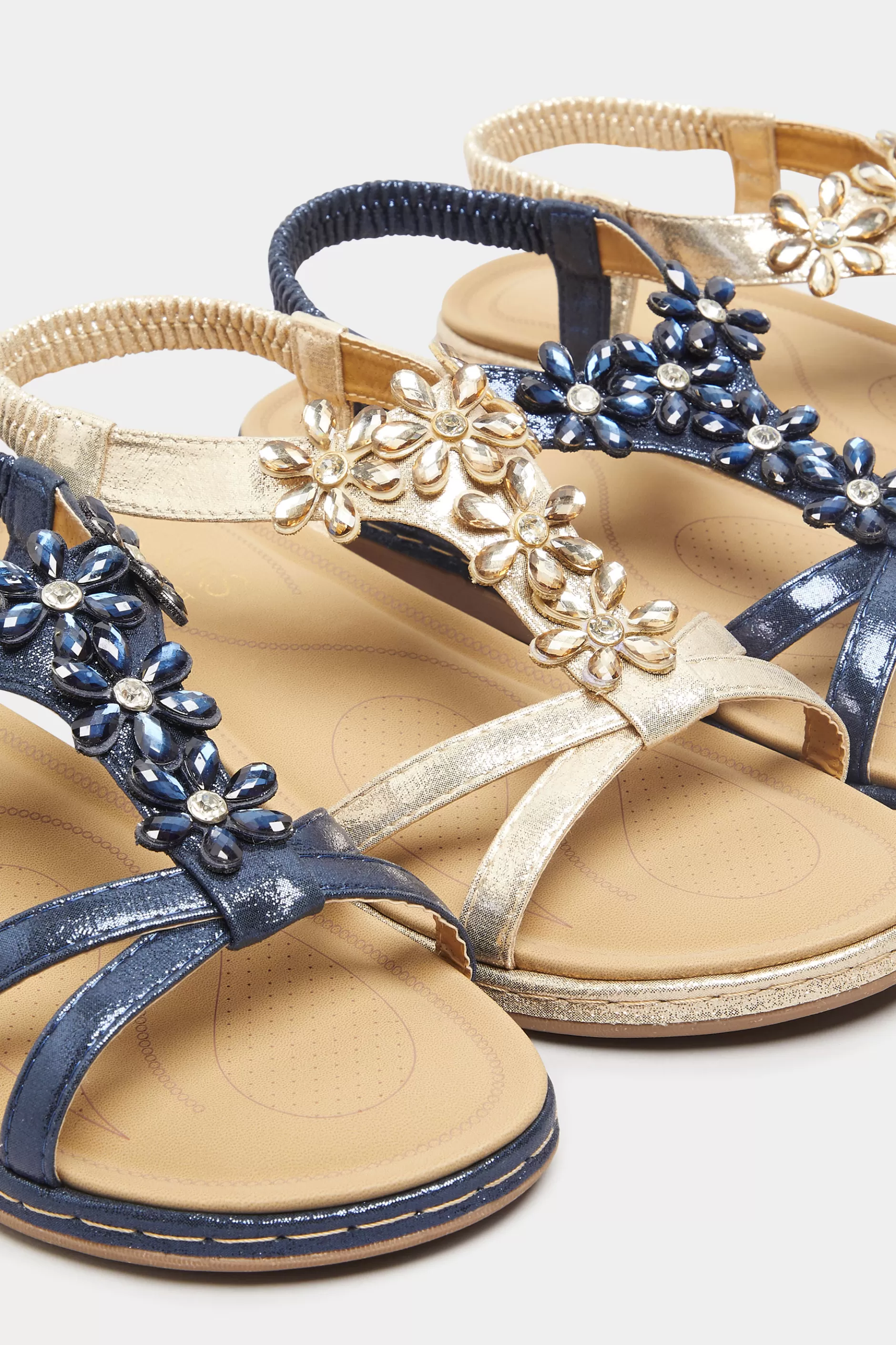 Women M&Co Flat Shoes>Yours Yours Navy Blue Glitter Floral Diamante Studded Sandals In Wide E Fit & Extra Wide Eee Fit
