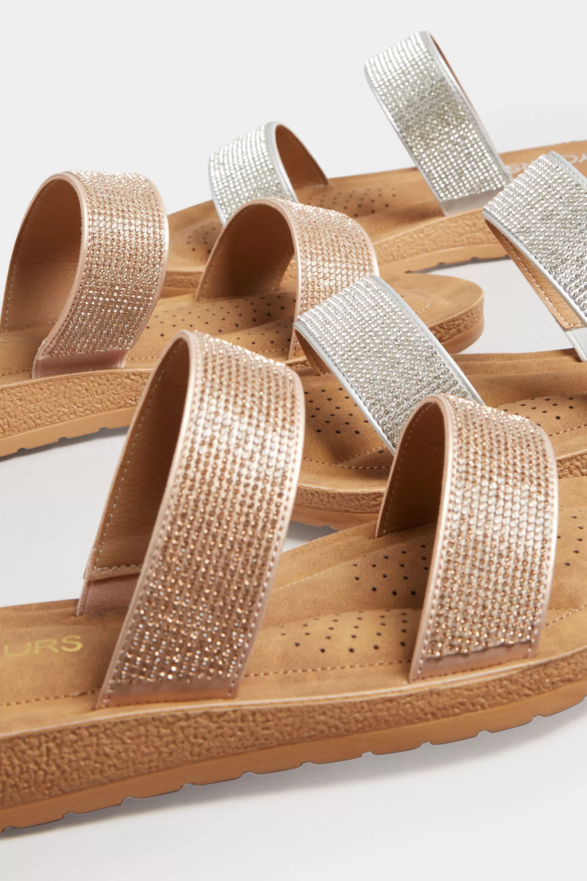 Women M&Co Mules & Sliders>Yours Yours Rose Gold & Brown Glitter Strap Mule Sandals In Extra Wide Eee Fit