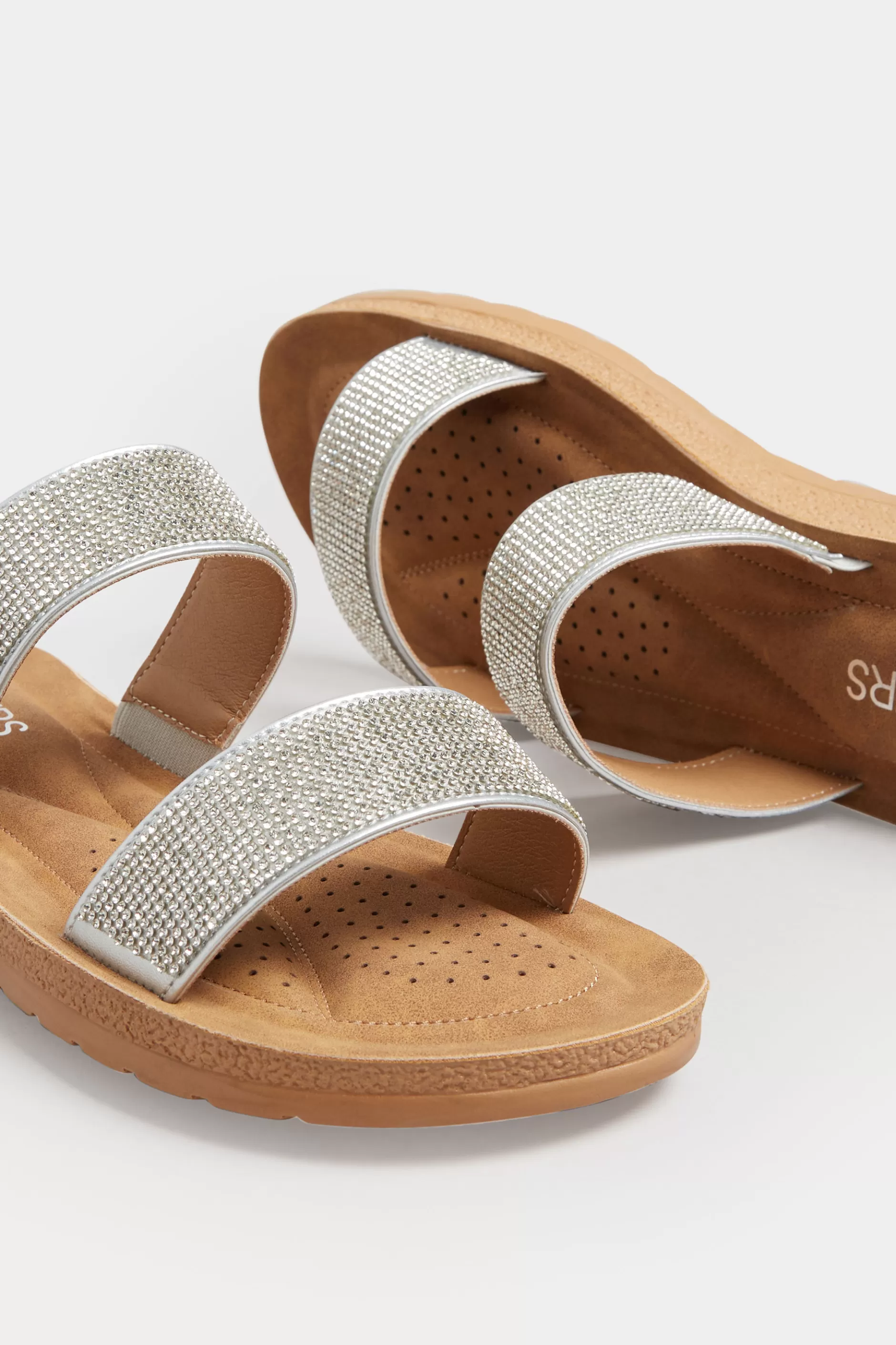 Women M&Co Mules & Sliders>Yours Yours Silver & Brown Glitter Strap Mule Sandals In Extra Wide Eee Fit