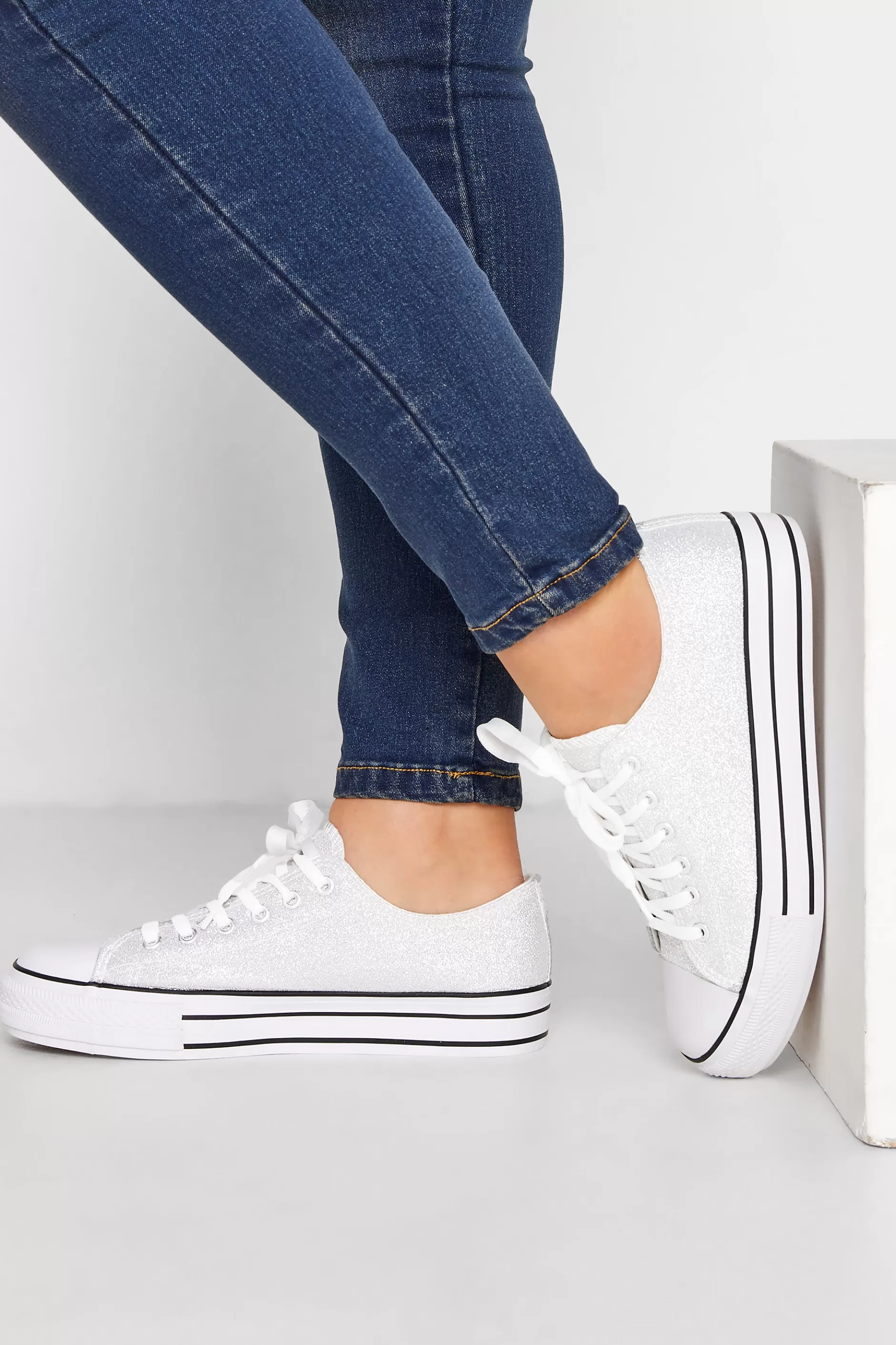 Women M&Co Trainers>Yours Yours Silver Canvas Glitter Platform Trainers In Wide E Fit