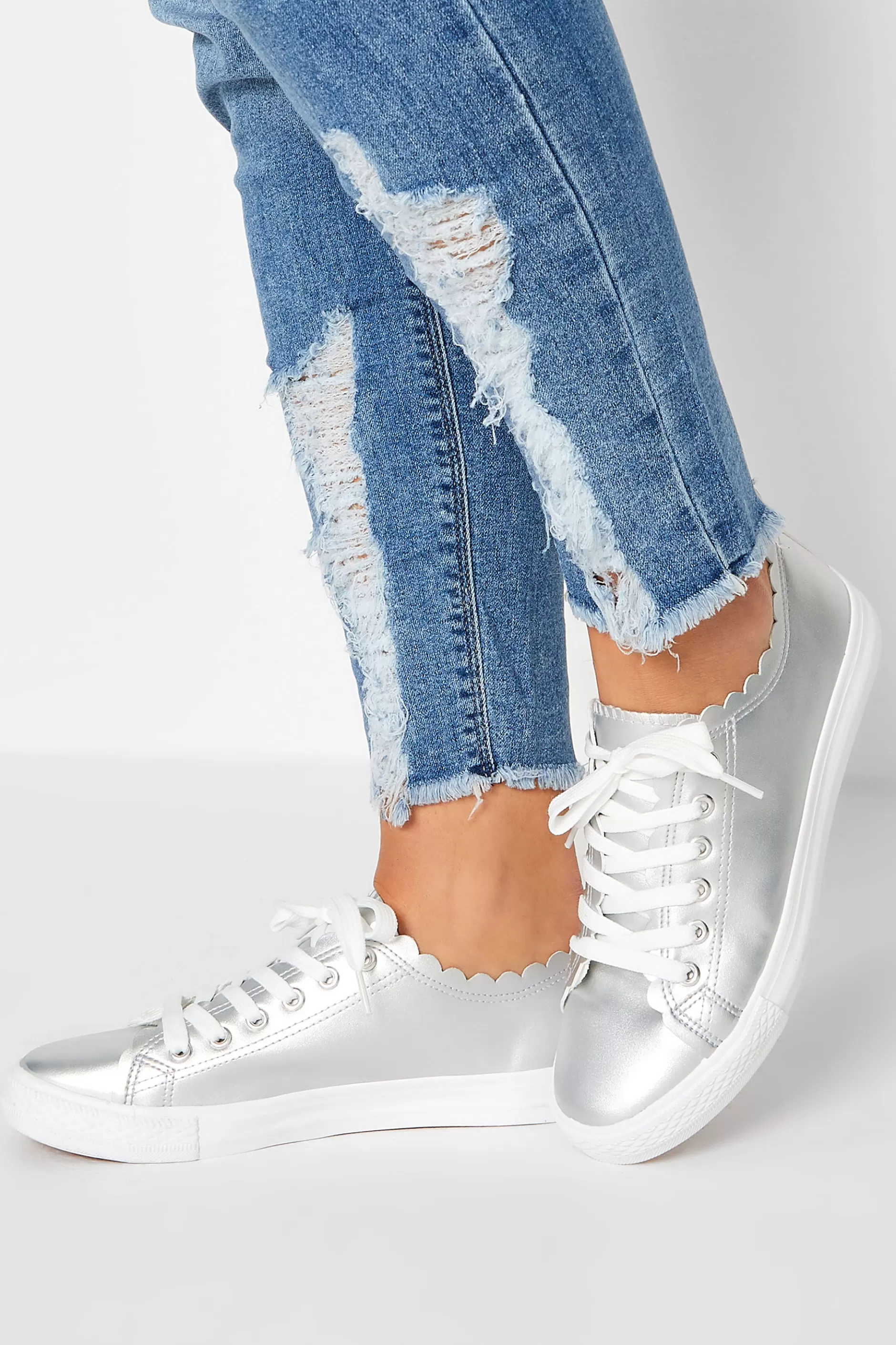 Women M&Co Trainers>Yours Yours Silver Scalloped Edge Trainers In Wide E Fit