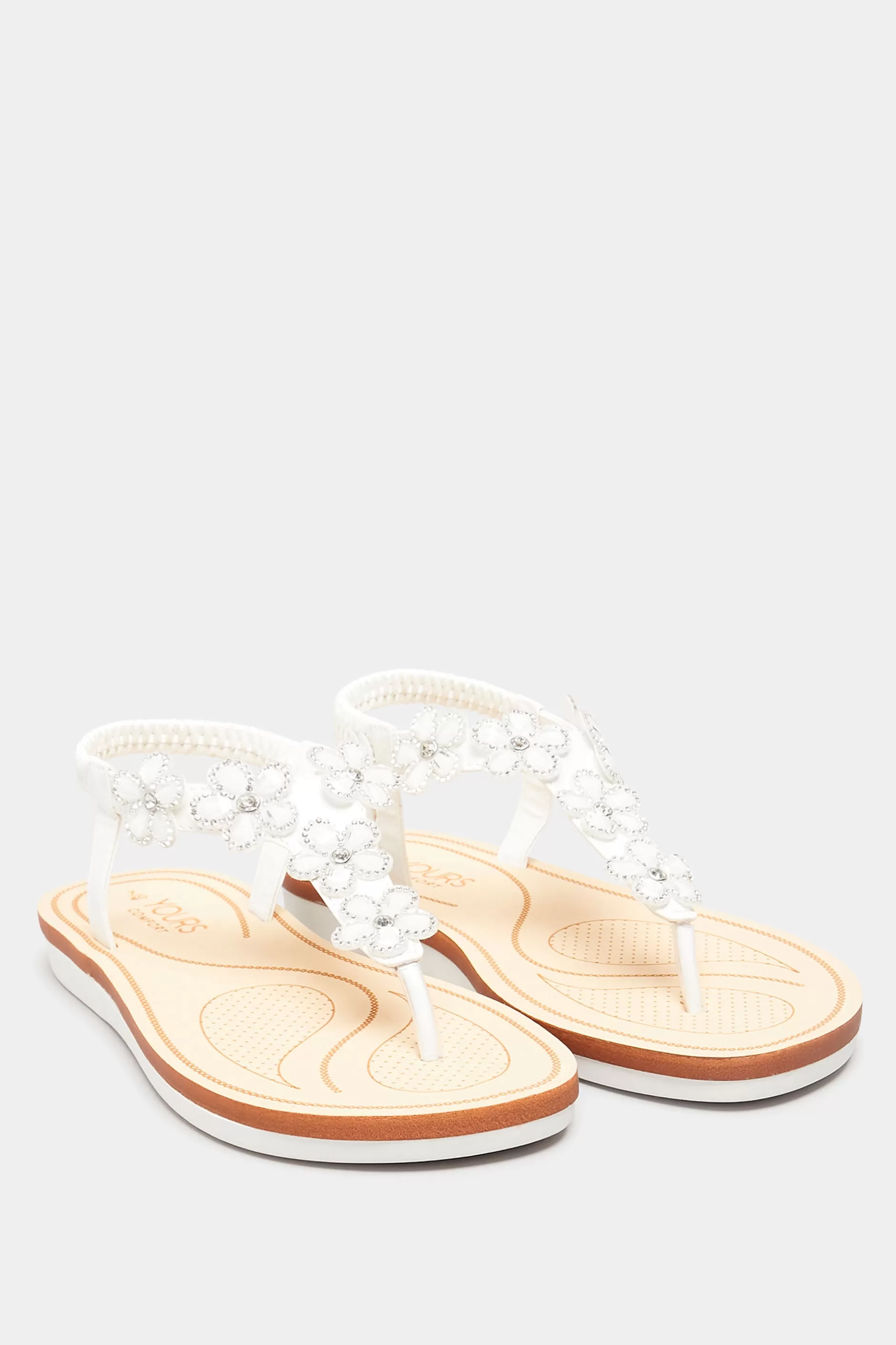 Women M&Co Flat Shoes>Yours Yours White Pu Diamante Flower Sandals In Wide E Fit & Extra Wide Eee Fit