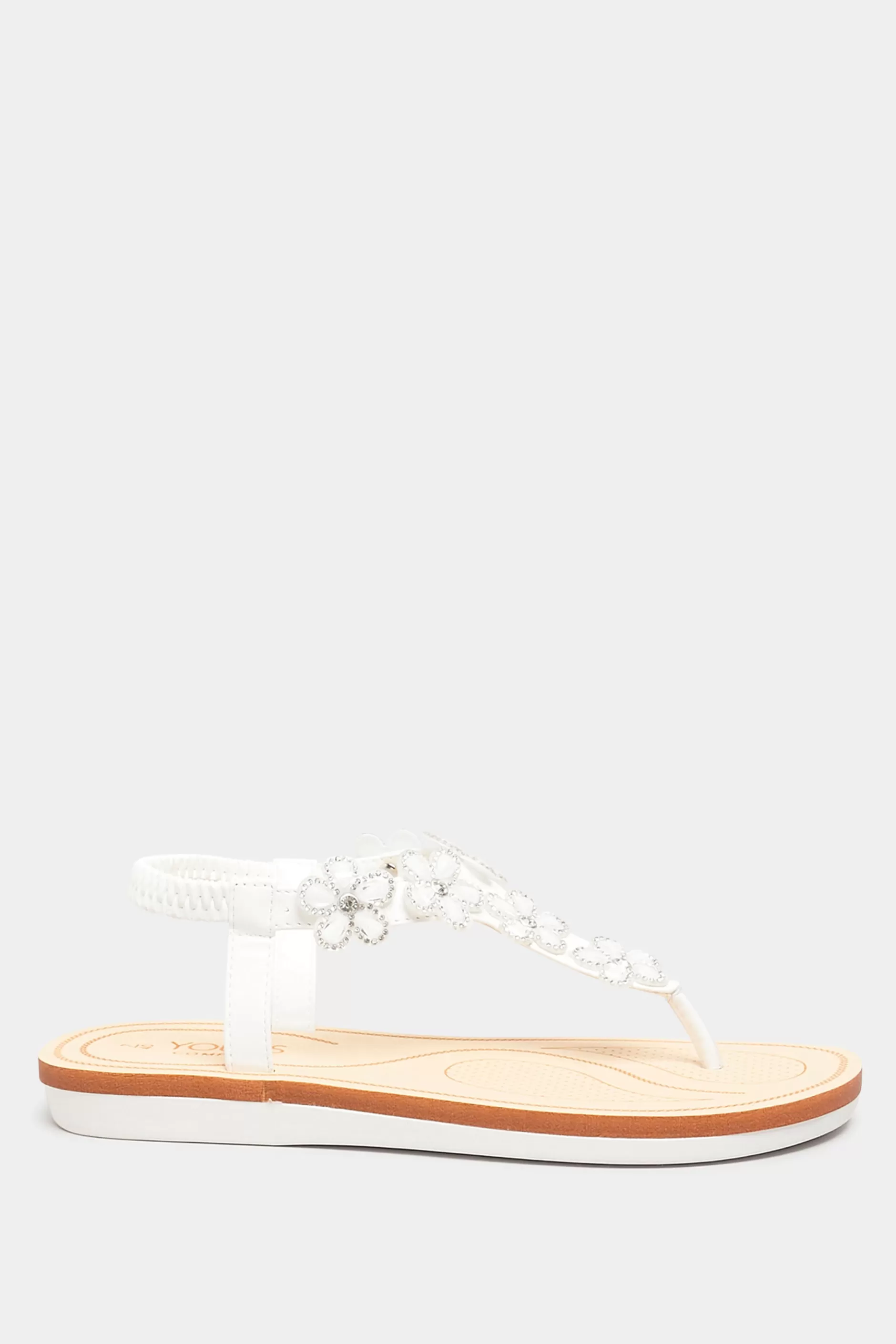 Women M&Co Flat Shoes>Yours Yours White Pu Diamante Flower Sandals In Wide E Fit & Extra Wide Eee Fit