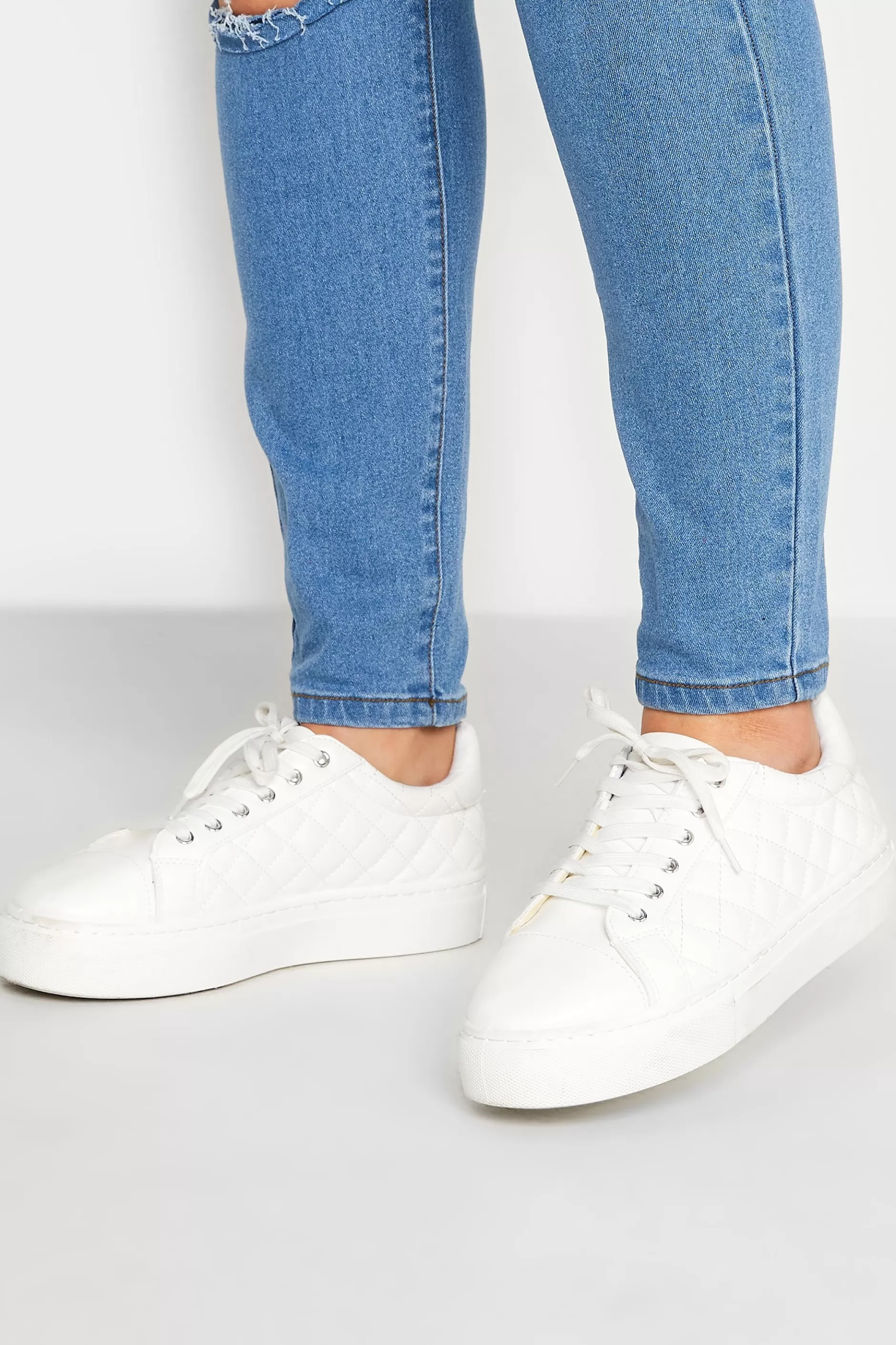 Women M&Co Flat Shoes>Yours Yours White Quilted Trainers Inextra Wide Eee Fit